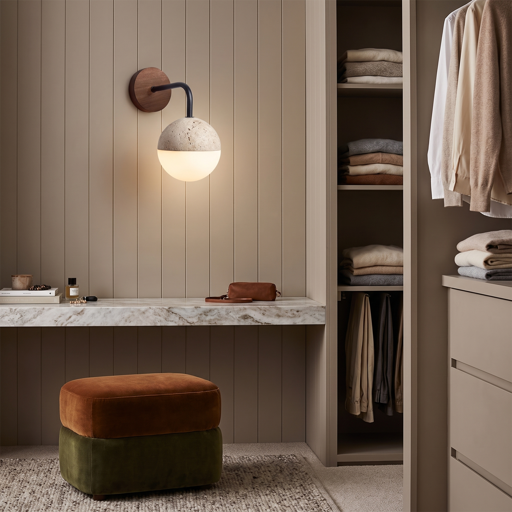 Kirke - Travertine and Polycarbonate Orb Sconce