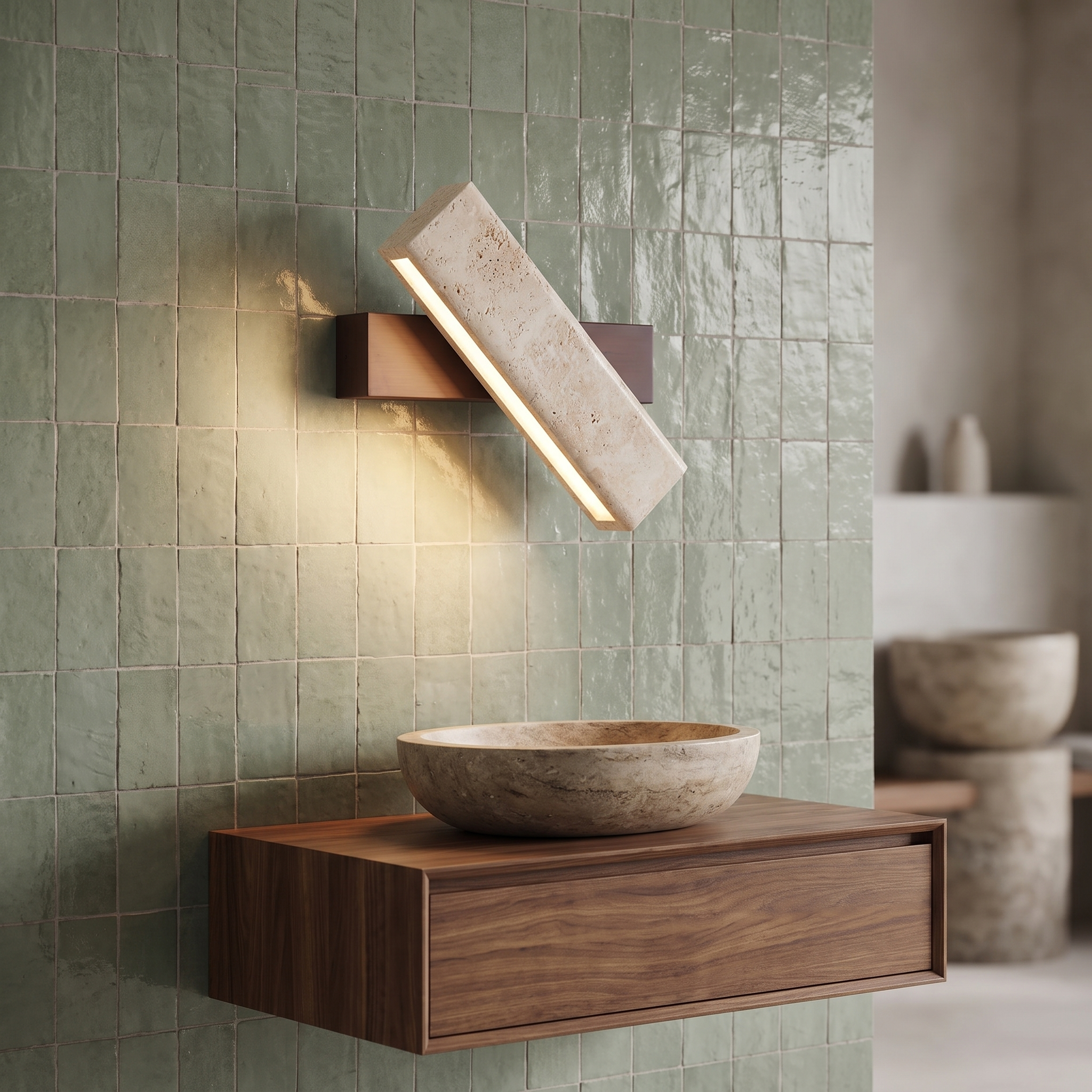 Notos - Travertine and Wood Linear Wall Lamp
