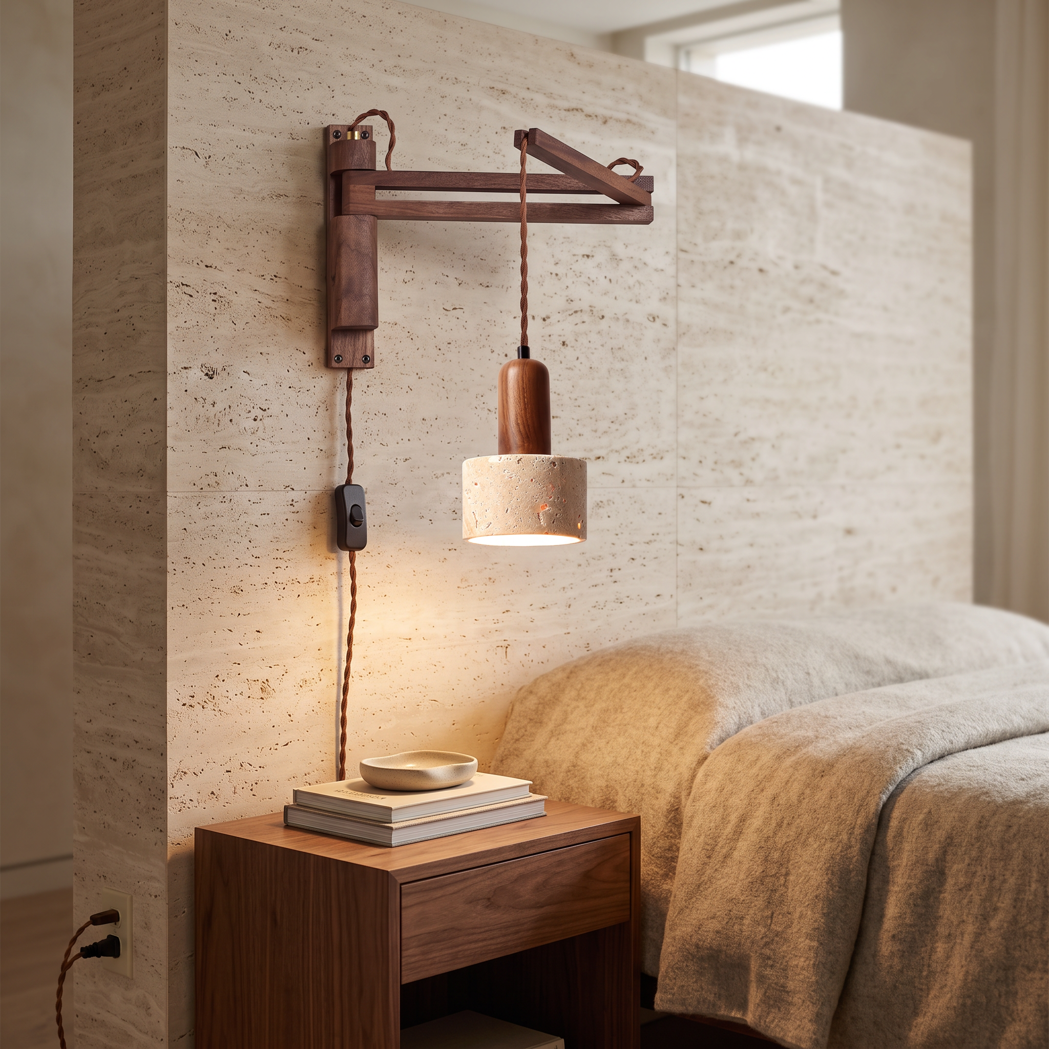 Eunike - Travertine Dome Swing Arm Wall Lamp