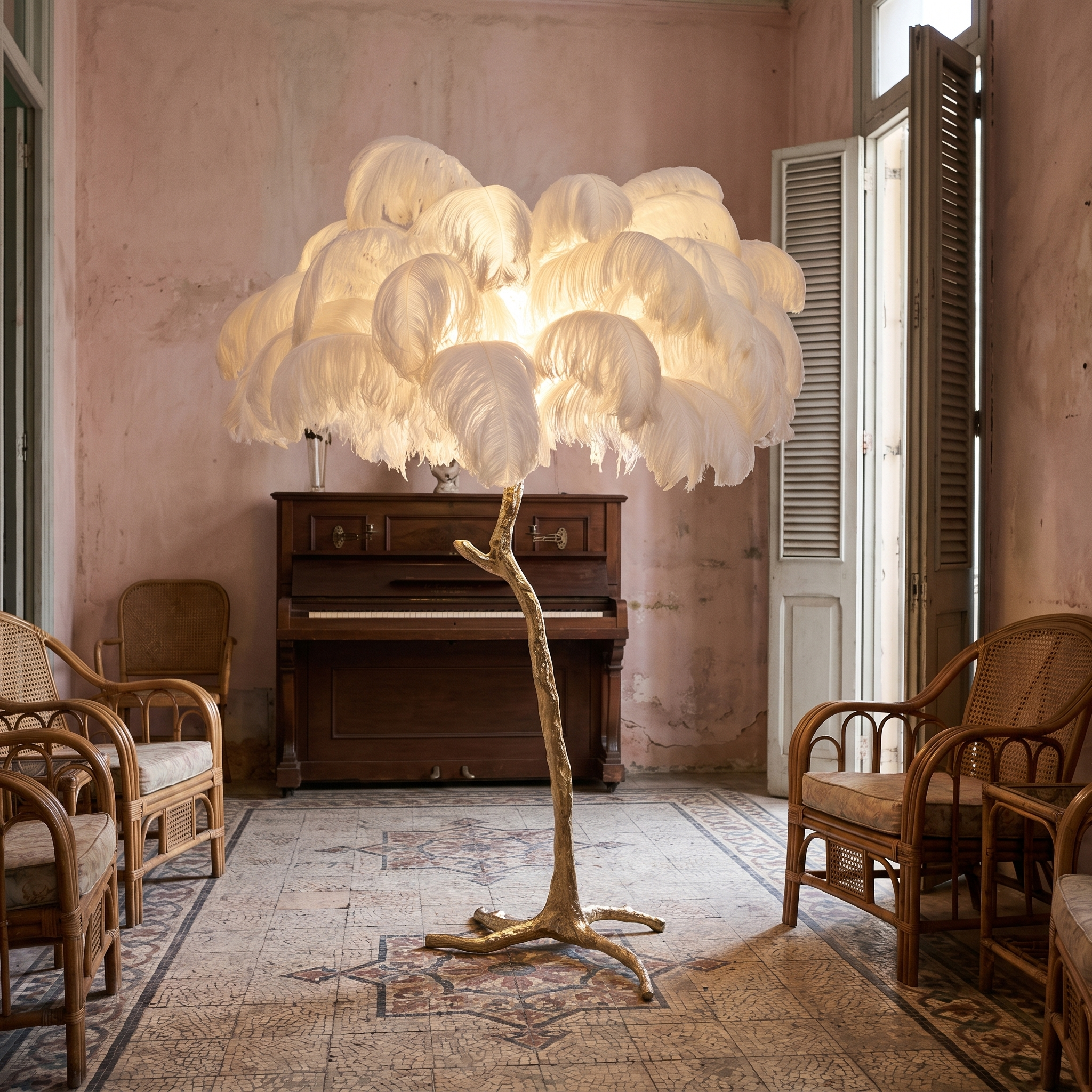 Auxo - Ostrich Feather and Brass Floor Lamp in a styled interior