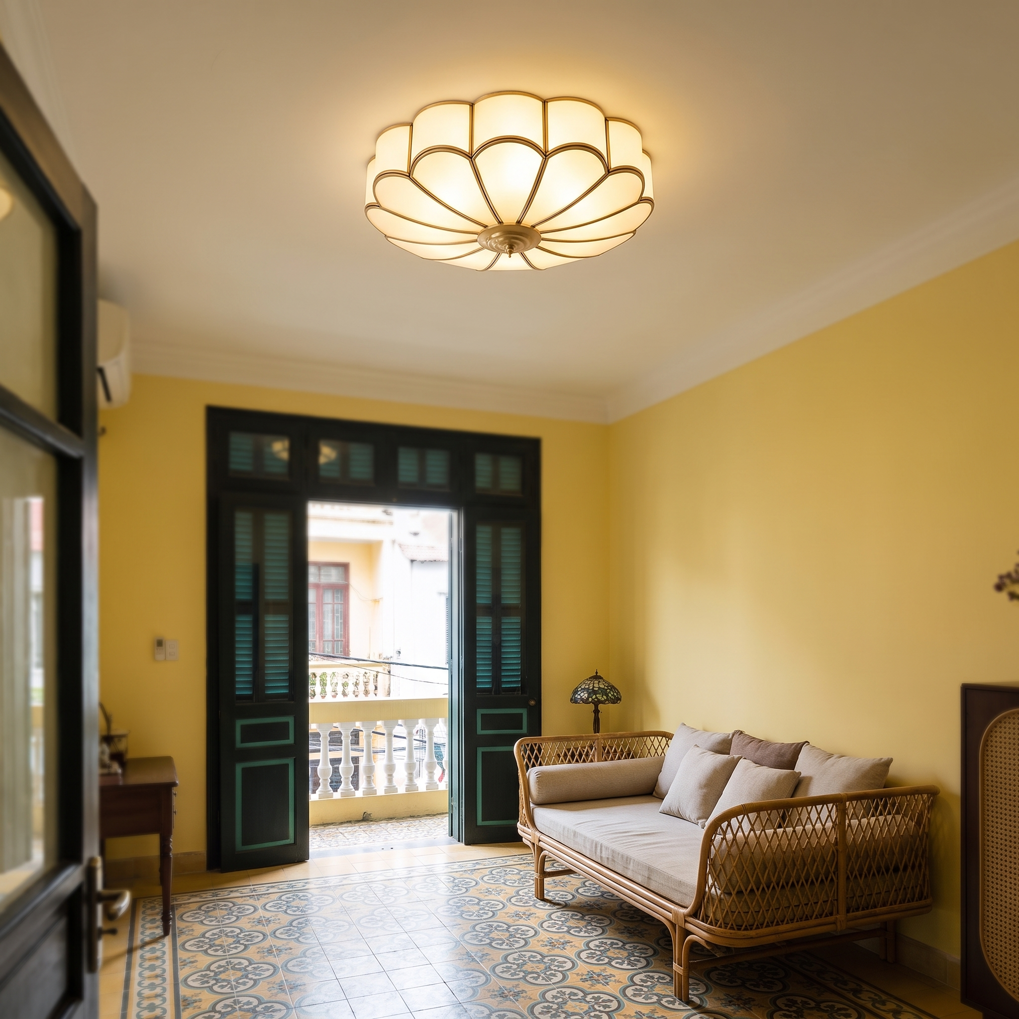 Antheia - Brass and Frosted Glass Ceiling Light in a styled interior