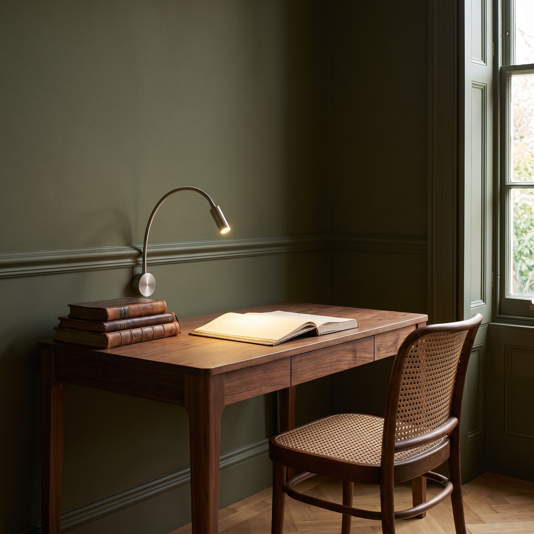 Plexaure - Gooseneck Reading Wall Light in Sand Nickel shown lit in an interior