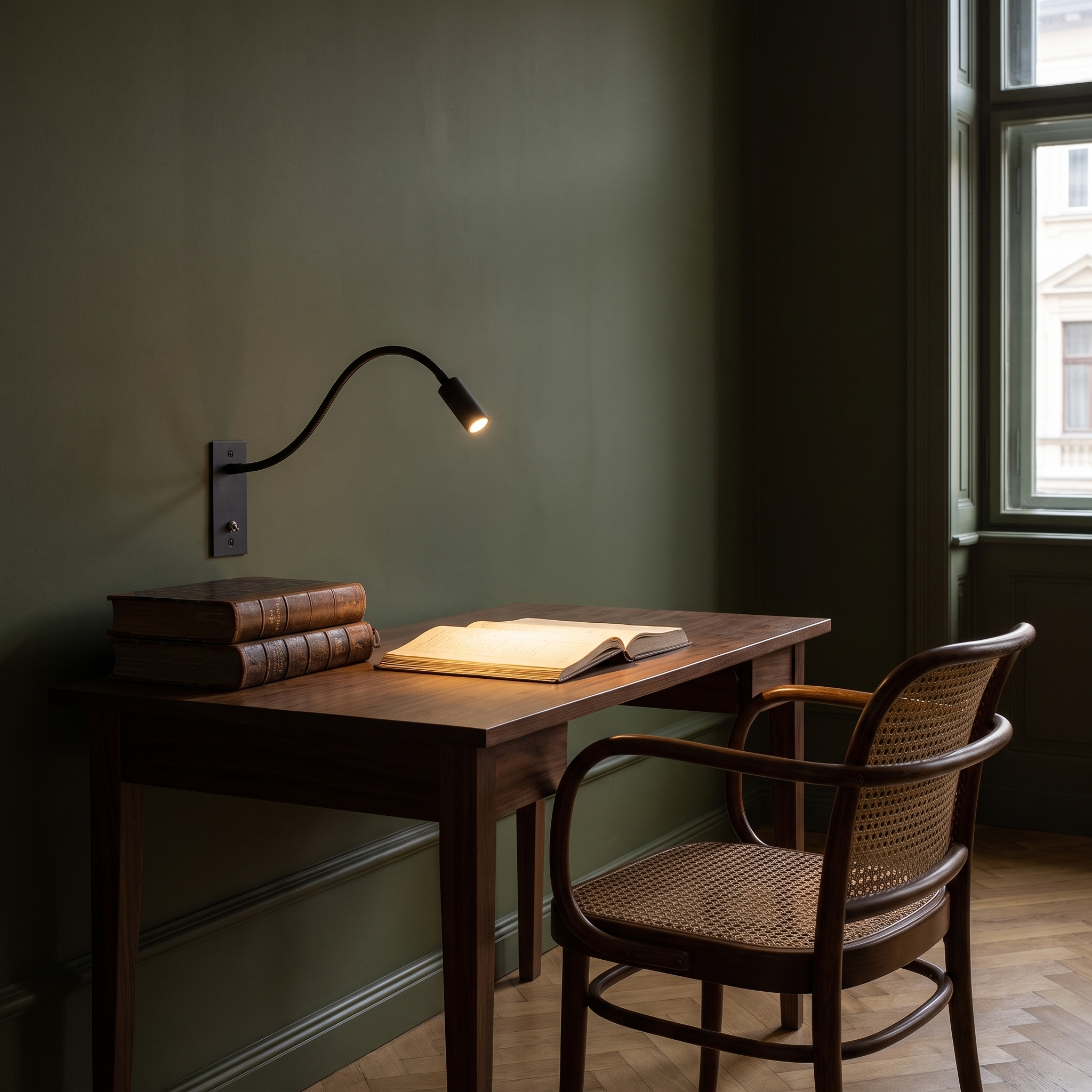 Plexaure - Gooseneck Reading Wall Light shown lit above a desk in an interior