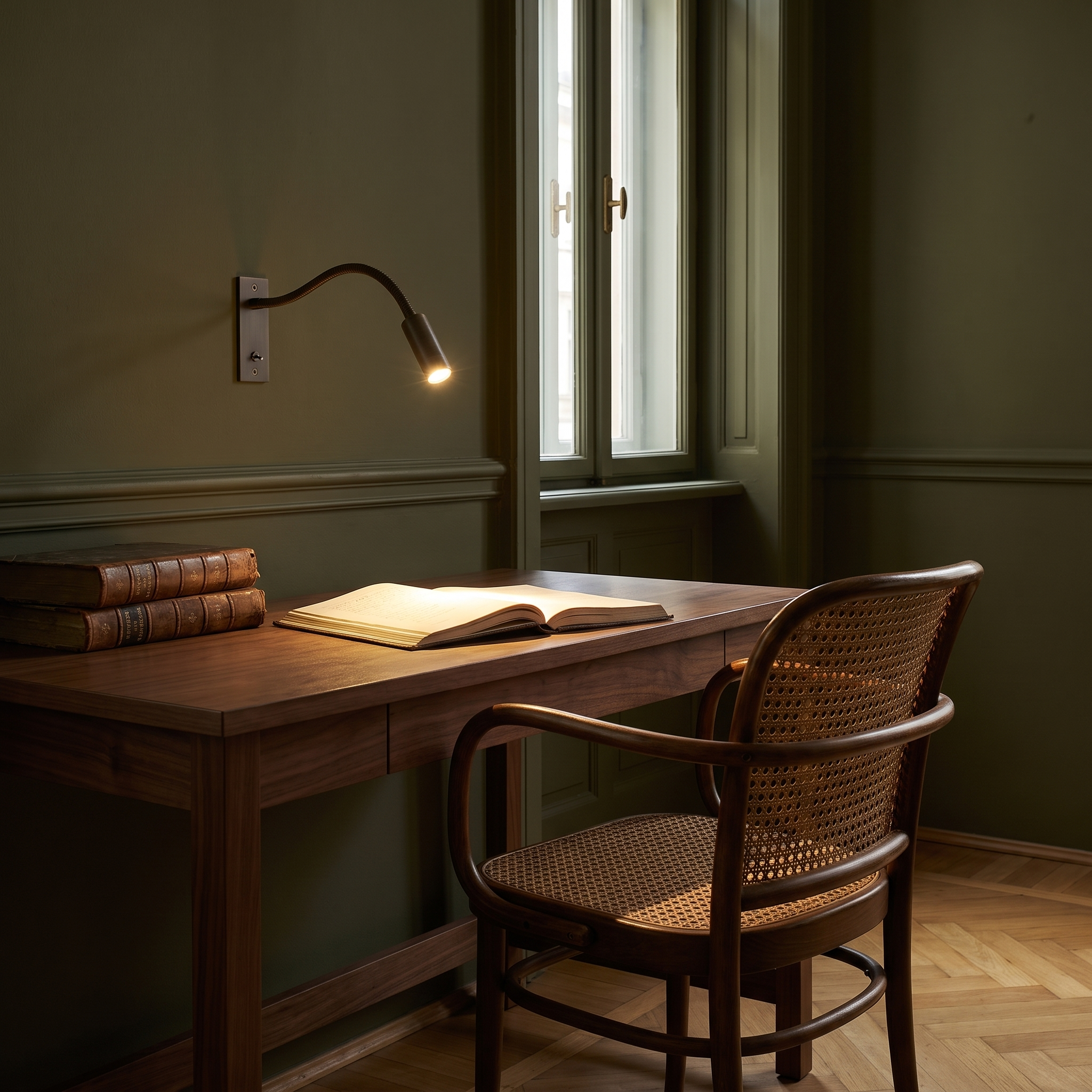 Plexaure - Gooseneck Reading Wall Light in Brushed Bronze shown lit in an interior