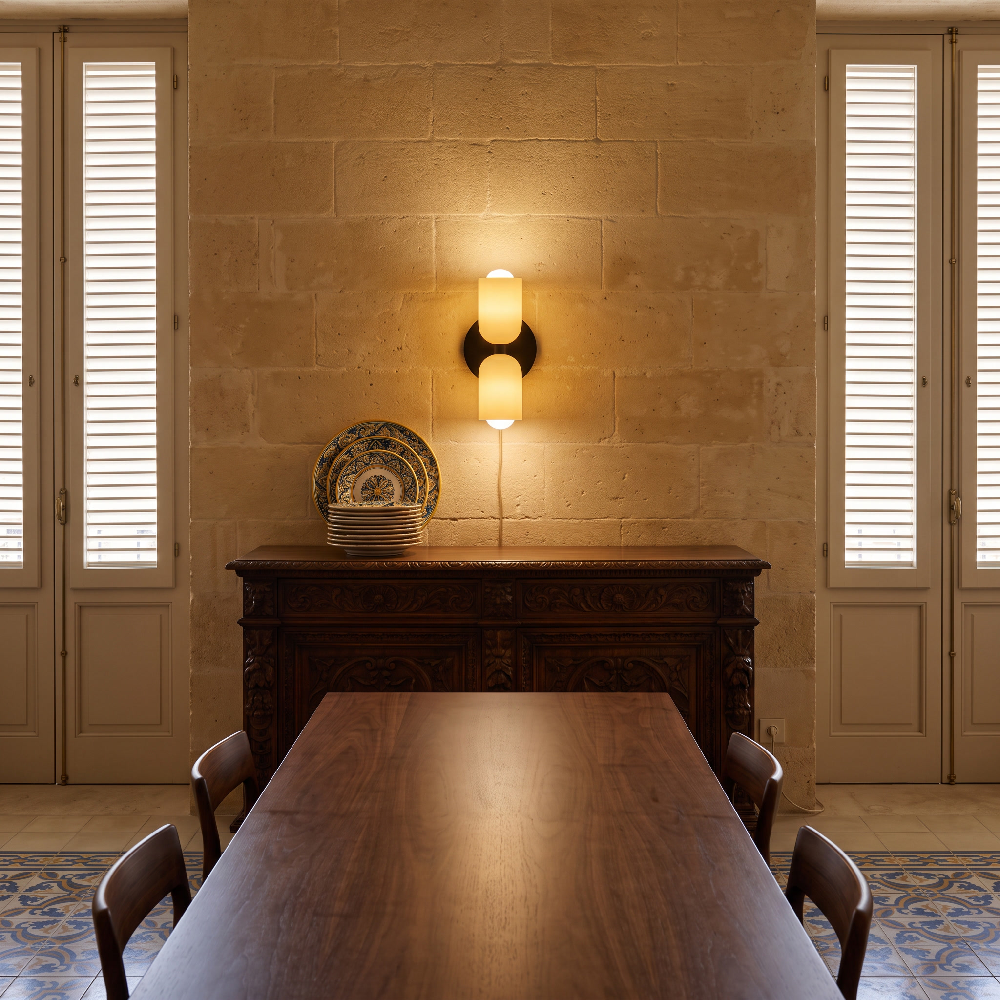 Phyllodoke - Two-Tone Double Wall Sconce in Beige and Black Canopy shown lit in an interior