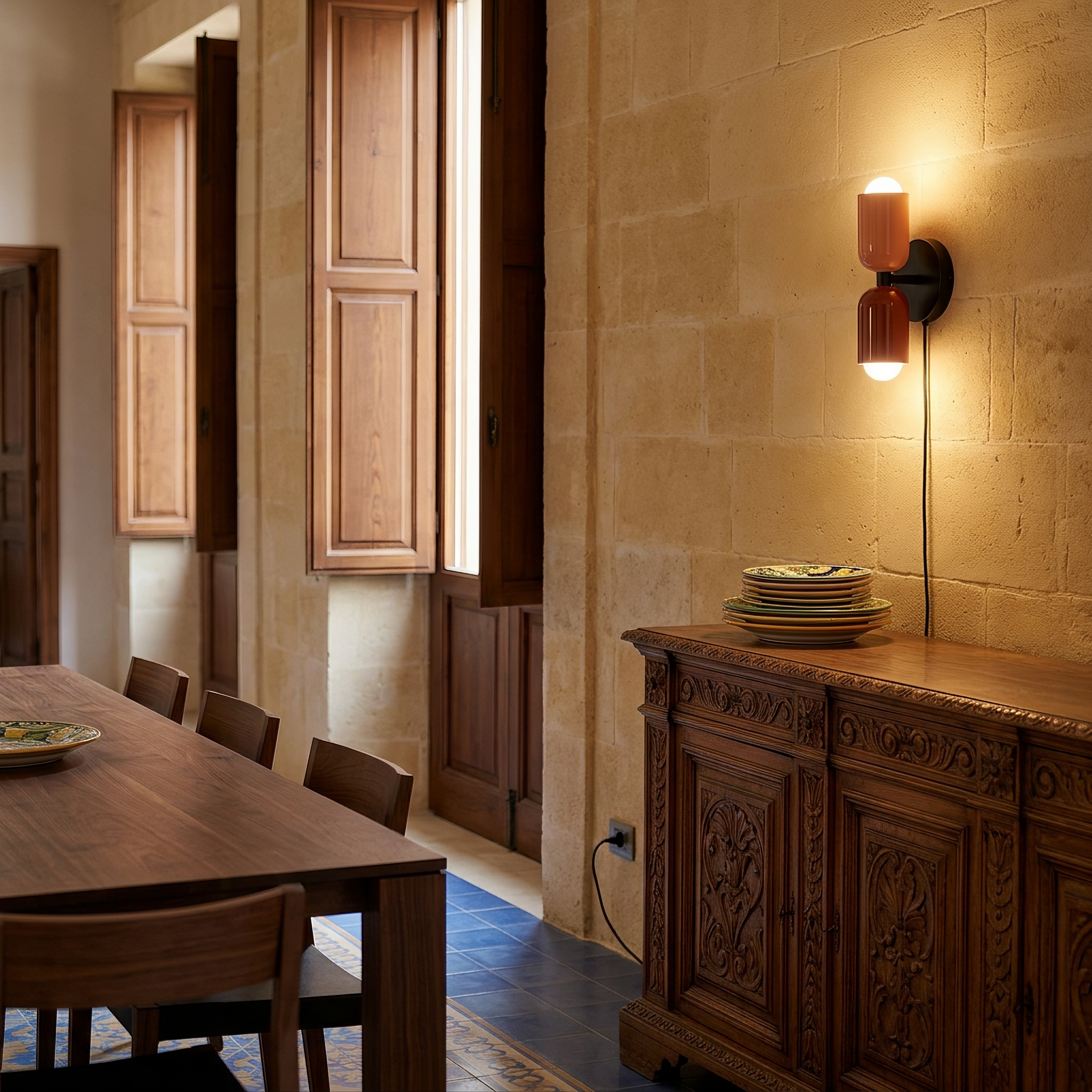 Phyllodoke - Two-Tone Double Wall Sconce in Pink and Red with Black Canopy shown lit in an interior