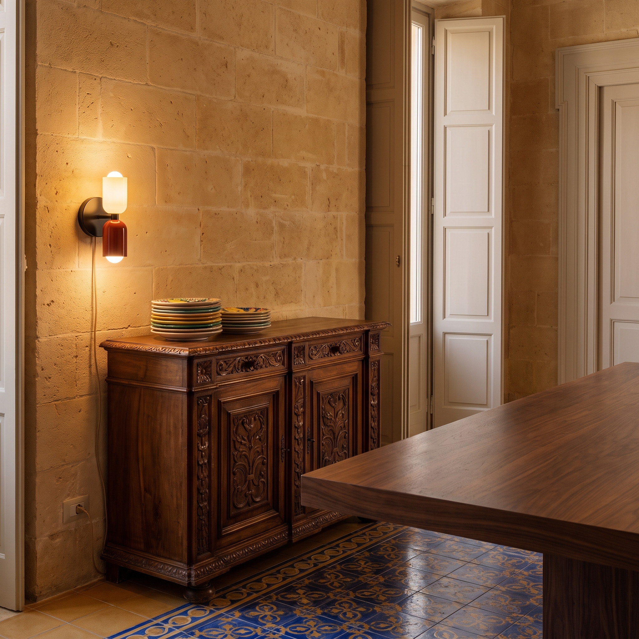 Phyllodoke - Two-Tone Double Wall Sconce in Beige and Red with Black Canopy shown lit in an interior