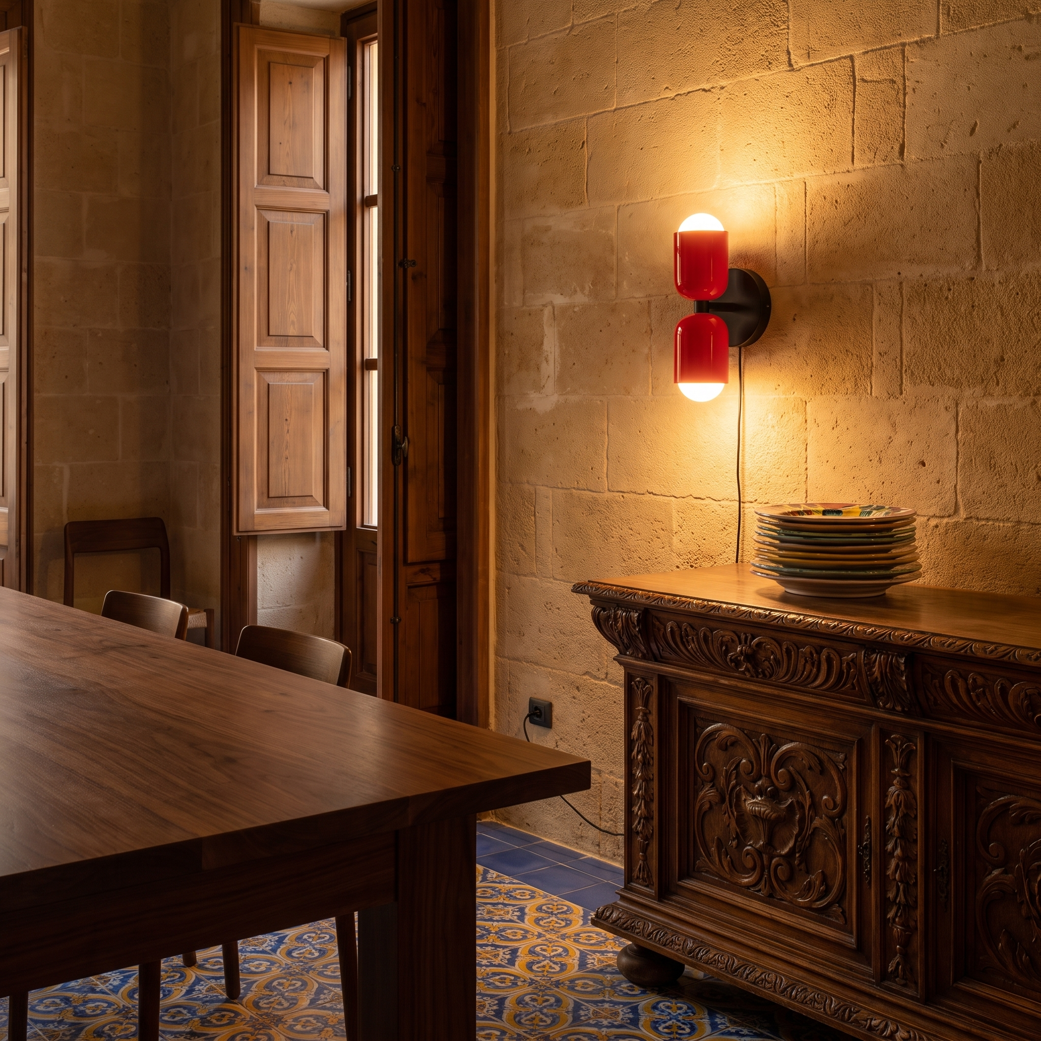 Phyllodoke - Two-Tone Double Wall Sconce shown lit in a baroque townhouse dining room