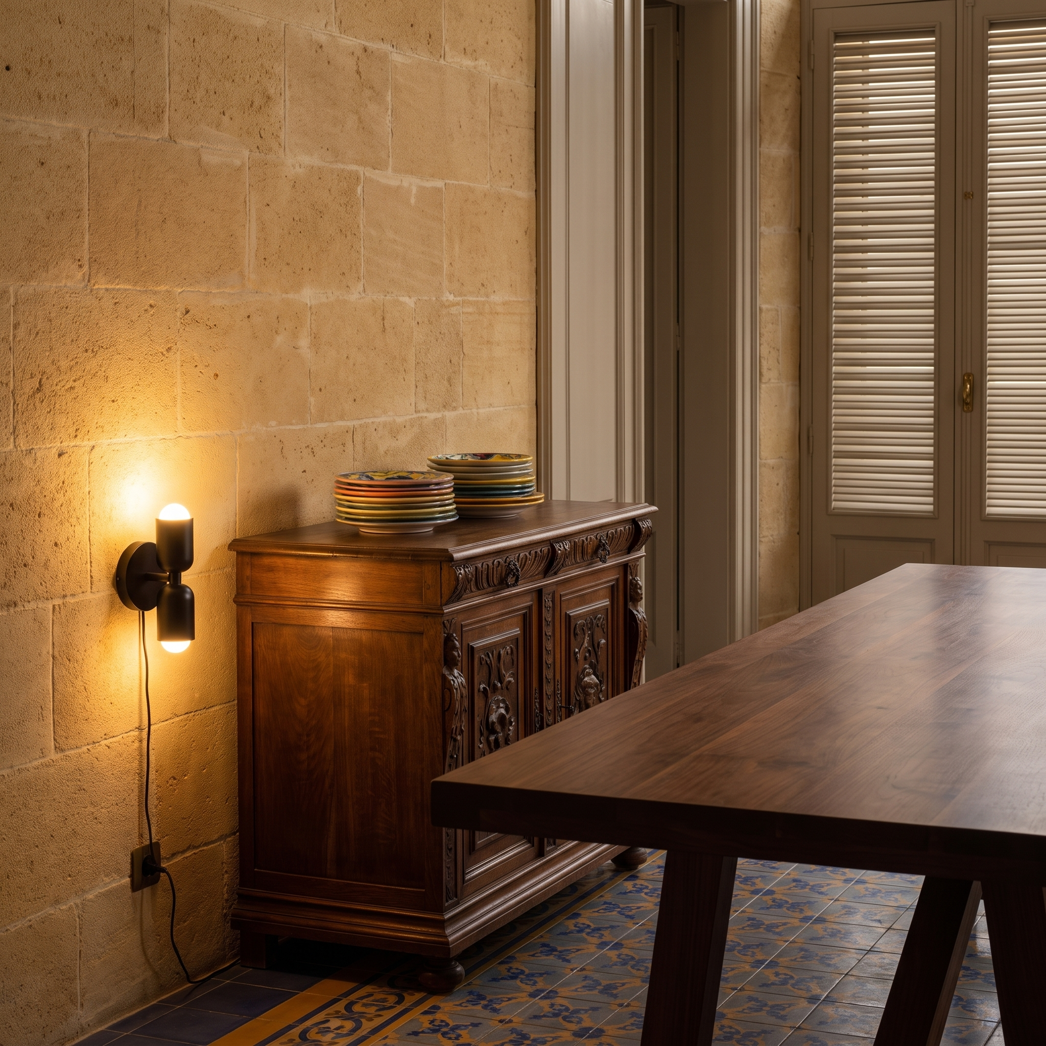 Phyllodoke - Two-Tone Double Wall Sconce in Black and Black Canopy shown lit in an interior