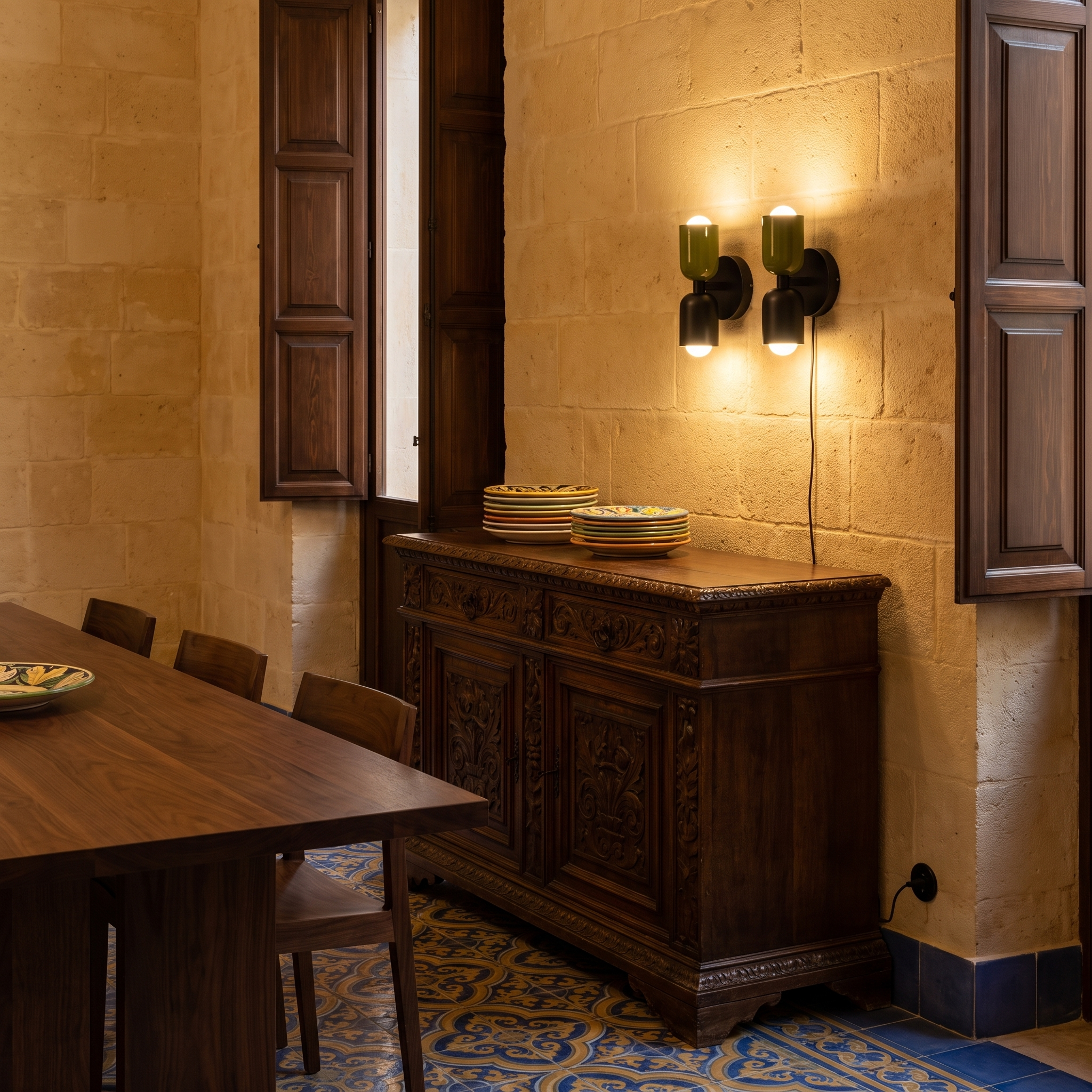 Phyllodoke - Two-Tone Double Wall Sconce in Green and Black with Black Canopy shown lit in an interior