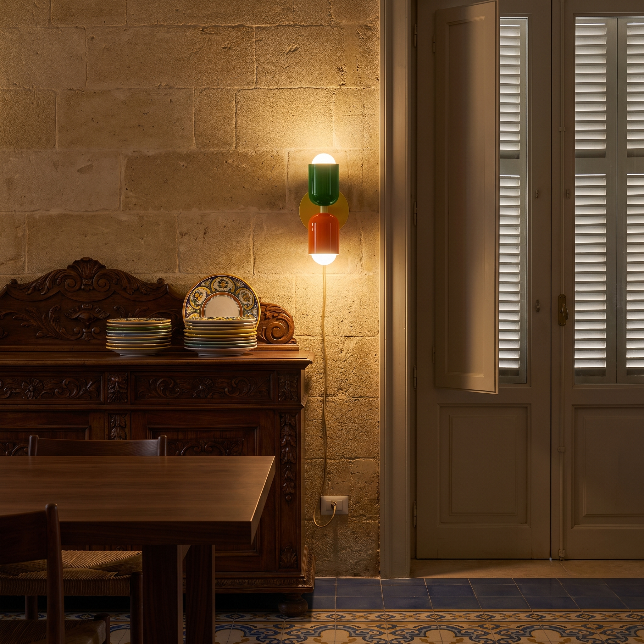Phyllodoke - Two-Tone Double Wall Sconce in Green and Shrimp Pink with Beige Canopy shown lit in an interior