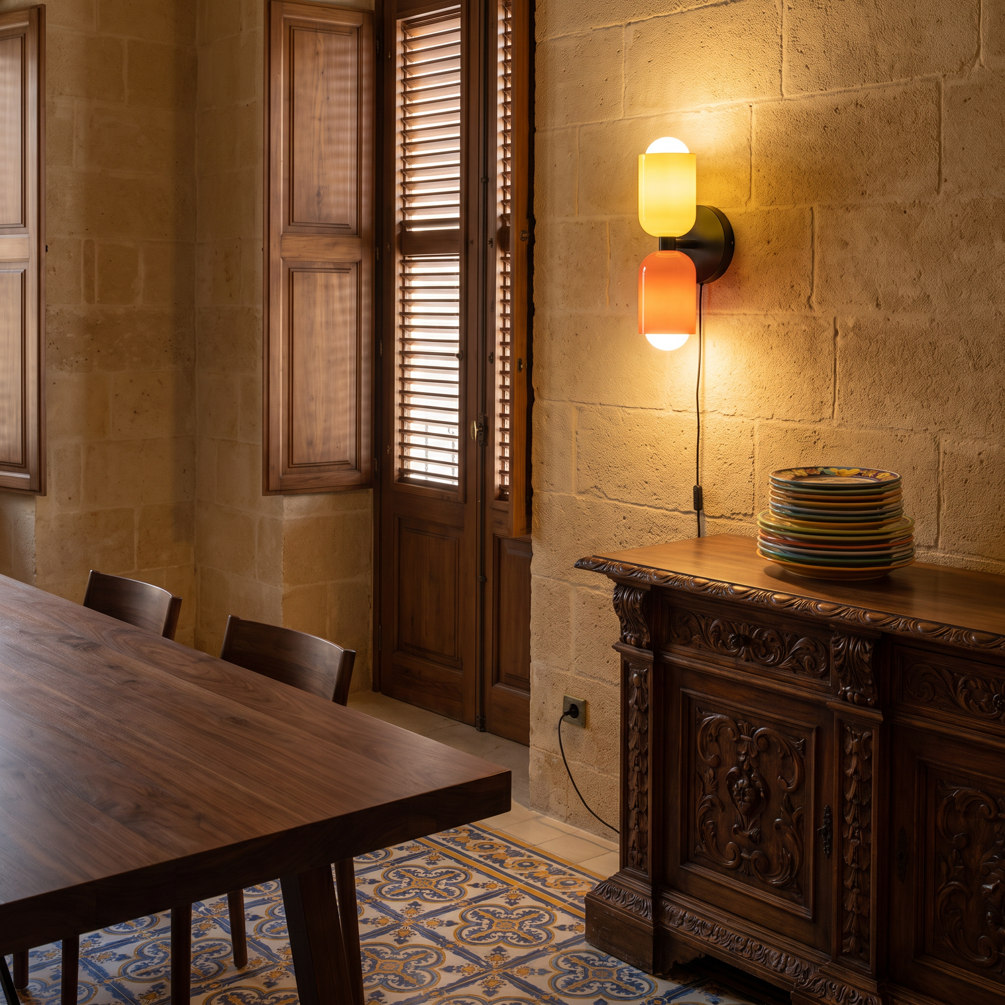 Phyllodoke - Two-Tone Double Wall Sconce in Beige and Pink with Black Canopy shown lit in an interior