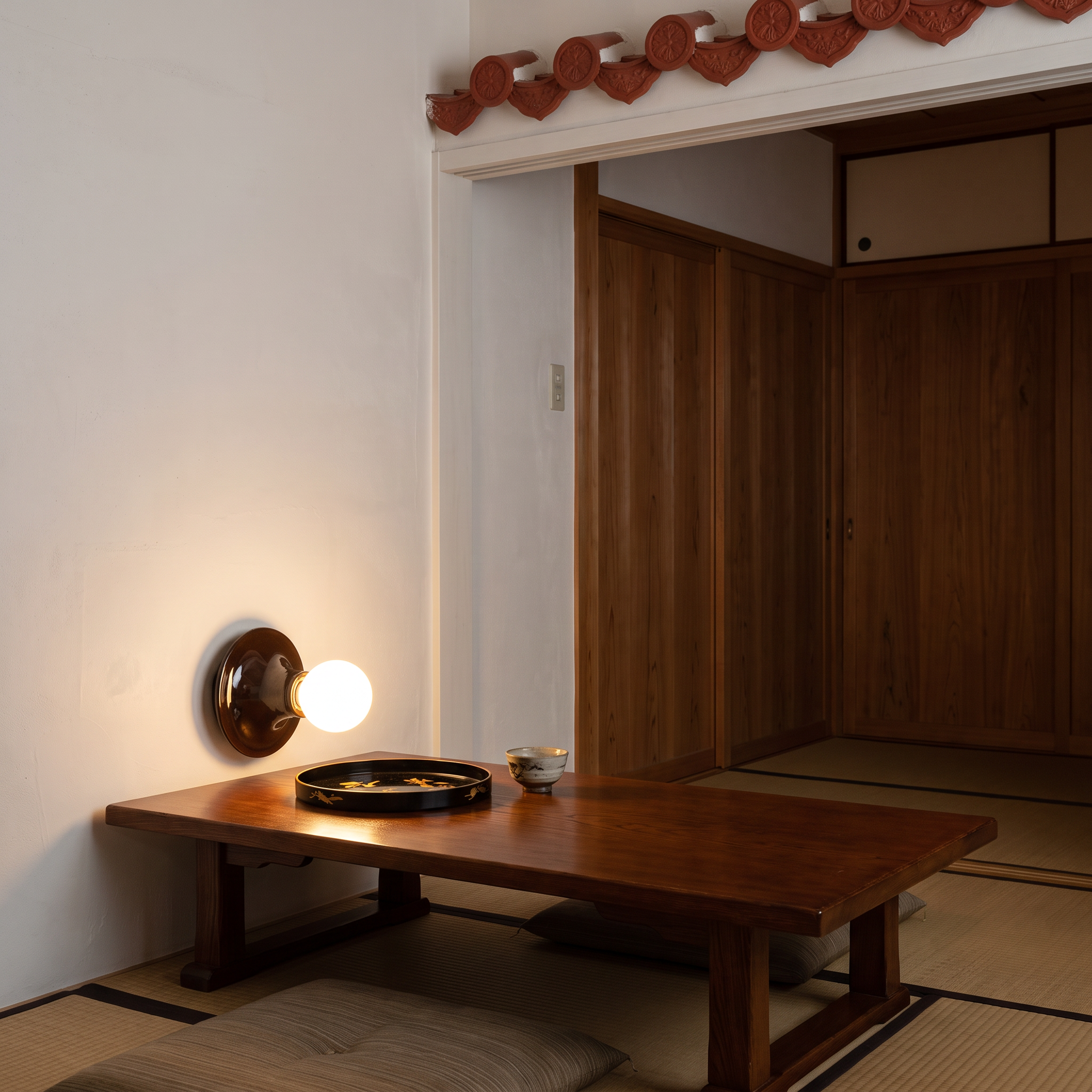 Apseudes - Trumpet Base Wall Sconce in Black with white glass bulb shown lit in an interior