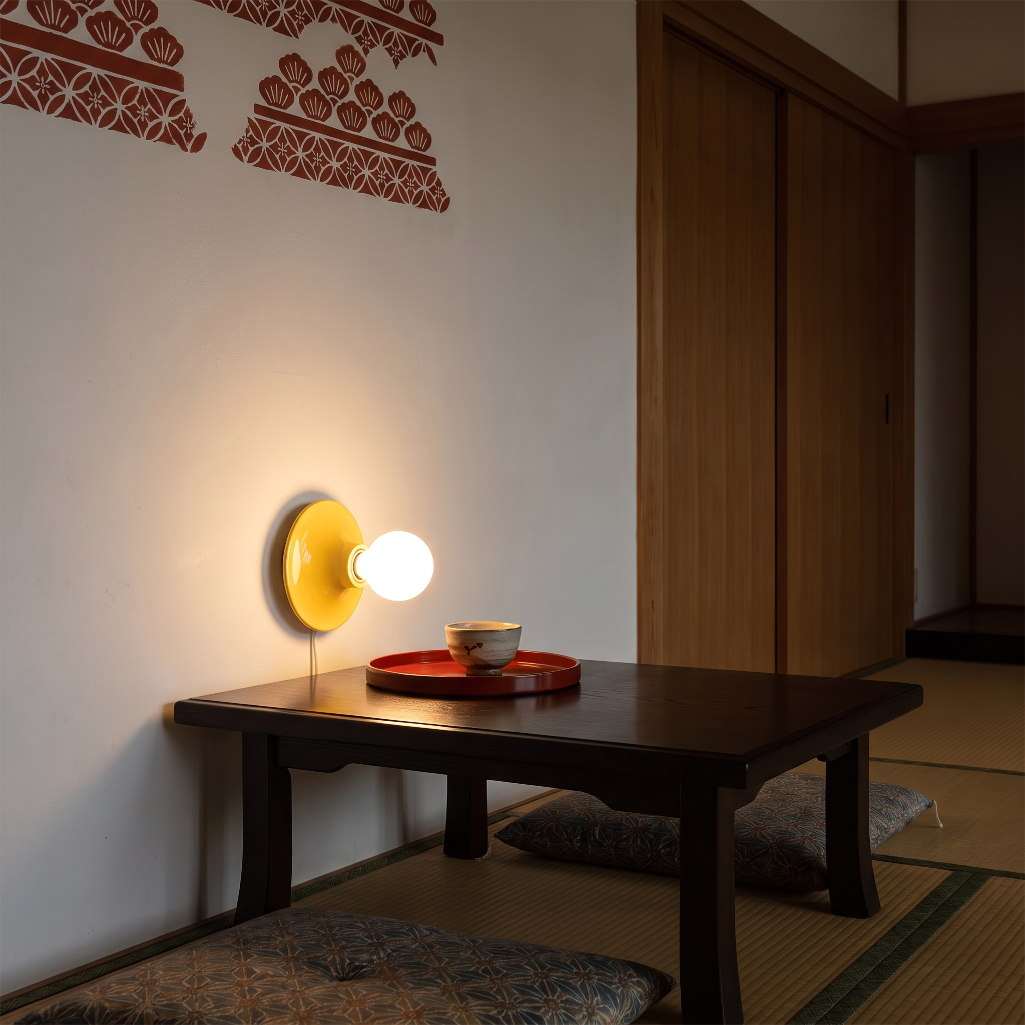 Apseudes - Trumpet Base Wall Sconce in Yellow with white glass bulb shown lit in an interior