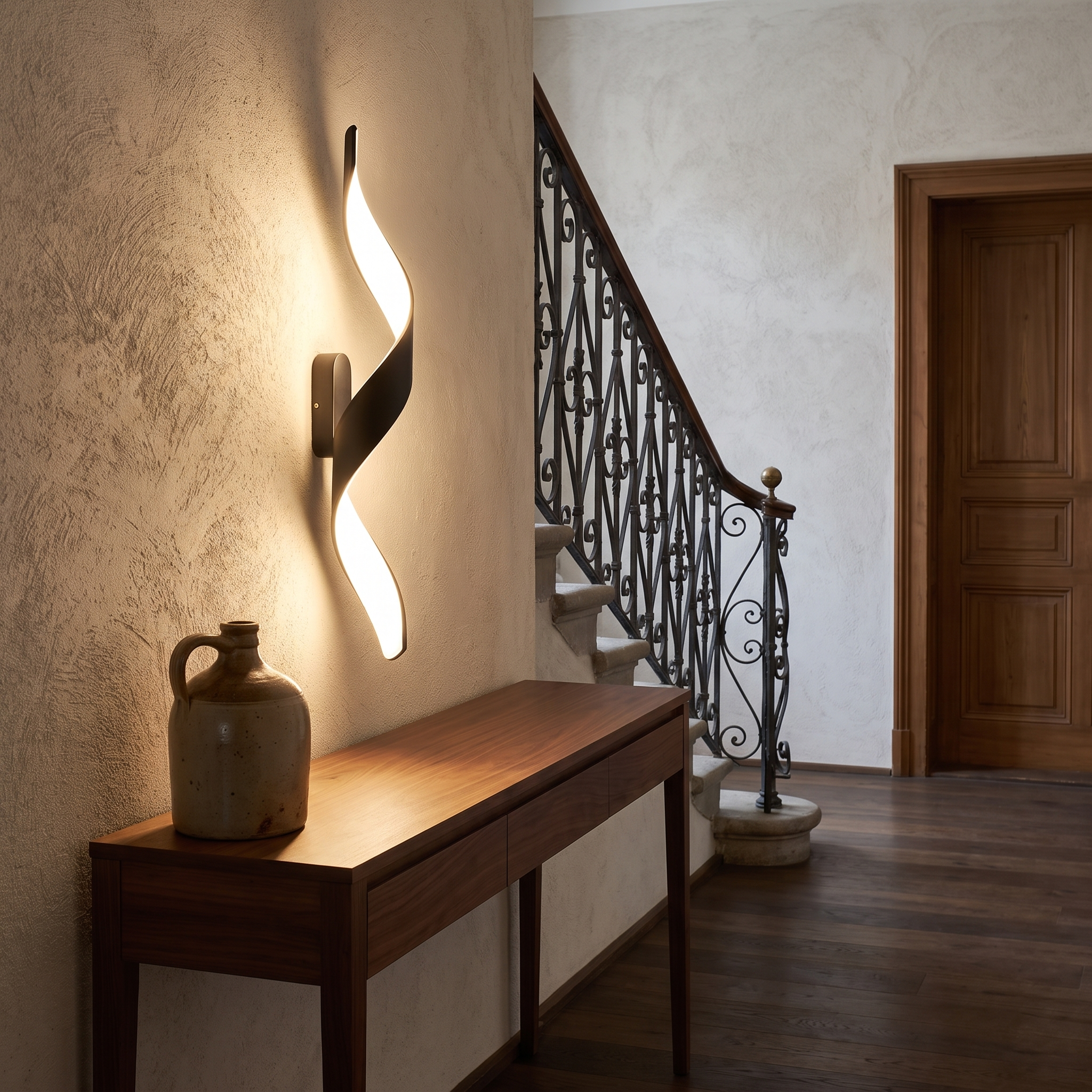 Melobosis - Ribbon Swirl LED Wall Light shown lit in an altstadt hallway