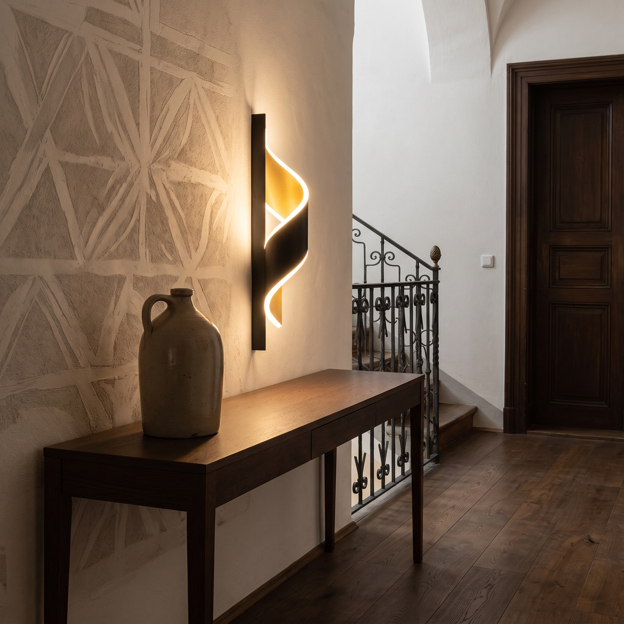 Melobosis - Ribbon Swirl LED Wall Light in Gold and Black shown lit in an interior