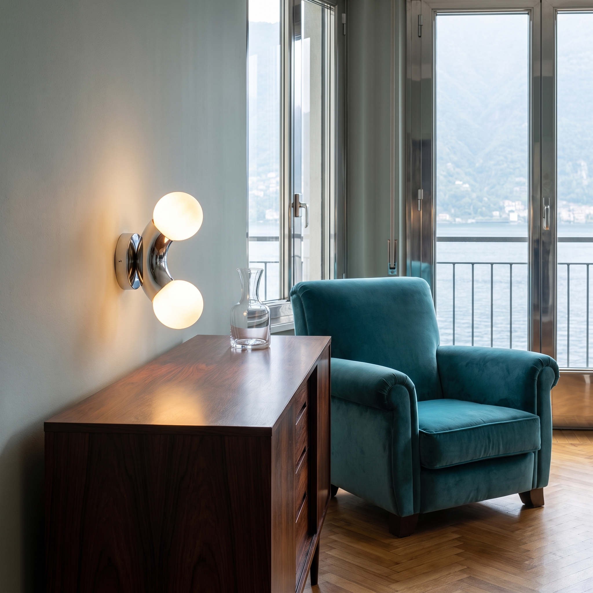 Himeros - Chrome and Glass Sphere Wall Light shown lit in a lakeside sitting room