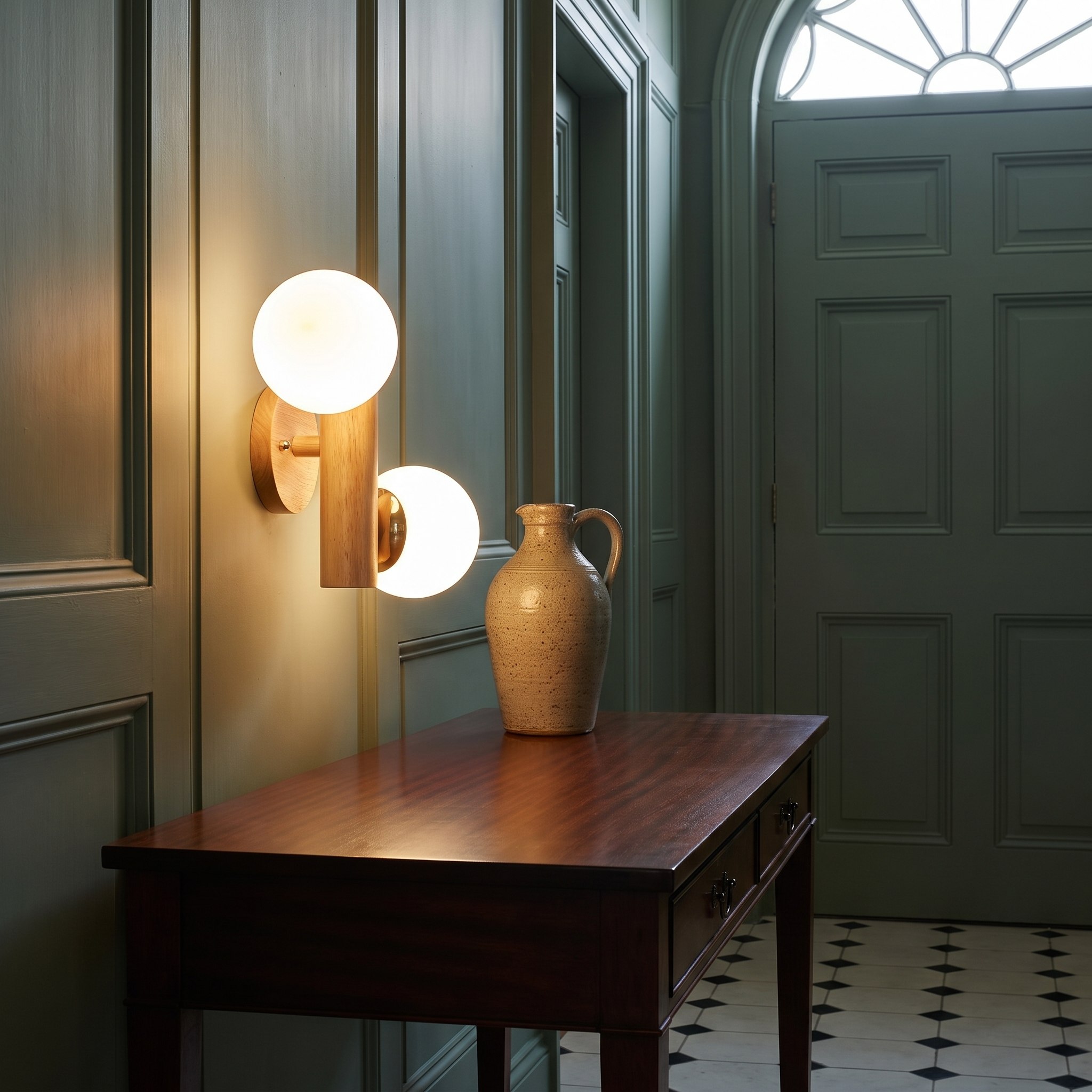 Soteria - Wood and White Glass Wall Sconce shown lit in a Georgian hallway