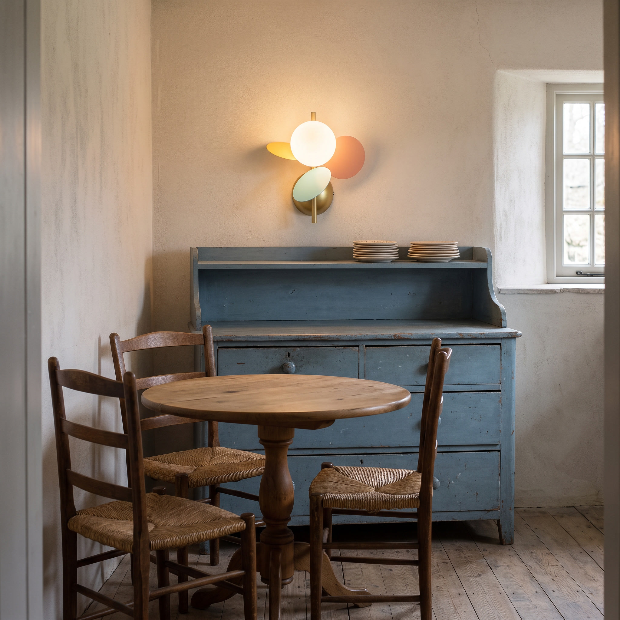 Erasinos - Colored Metal Wall Sconce shown lit in a limestone house breakfast corner