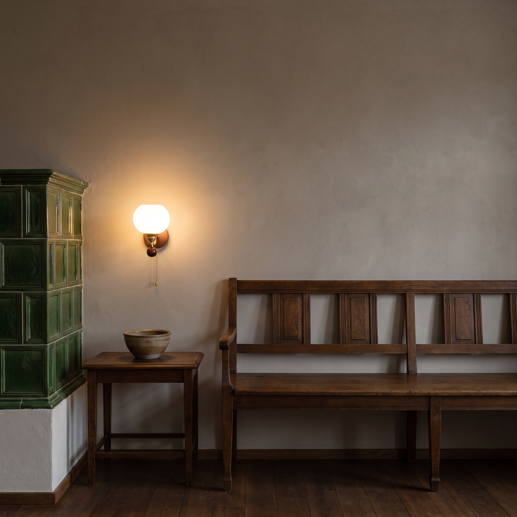 Oreiades - Wood and Frosted Glass Wall Lamp shown lit in an altbau sitting room