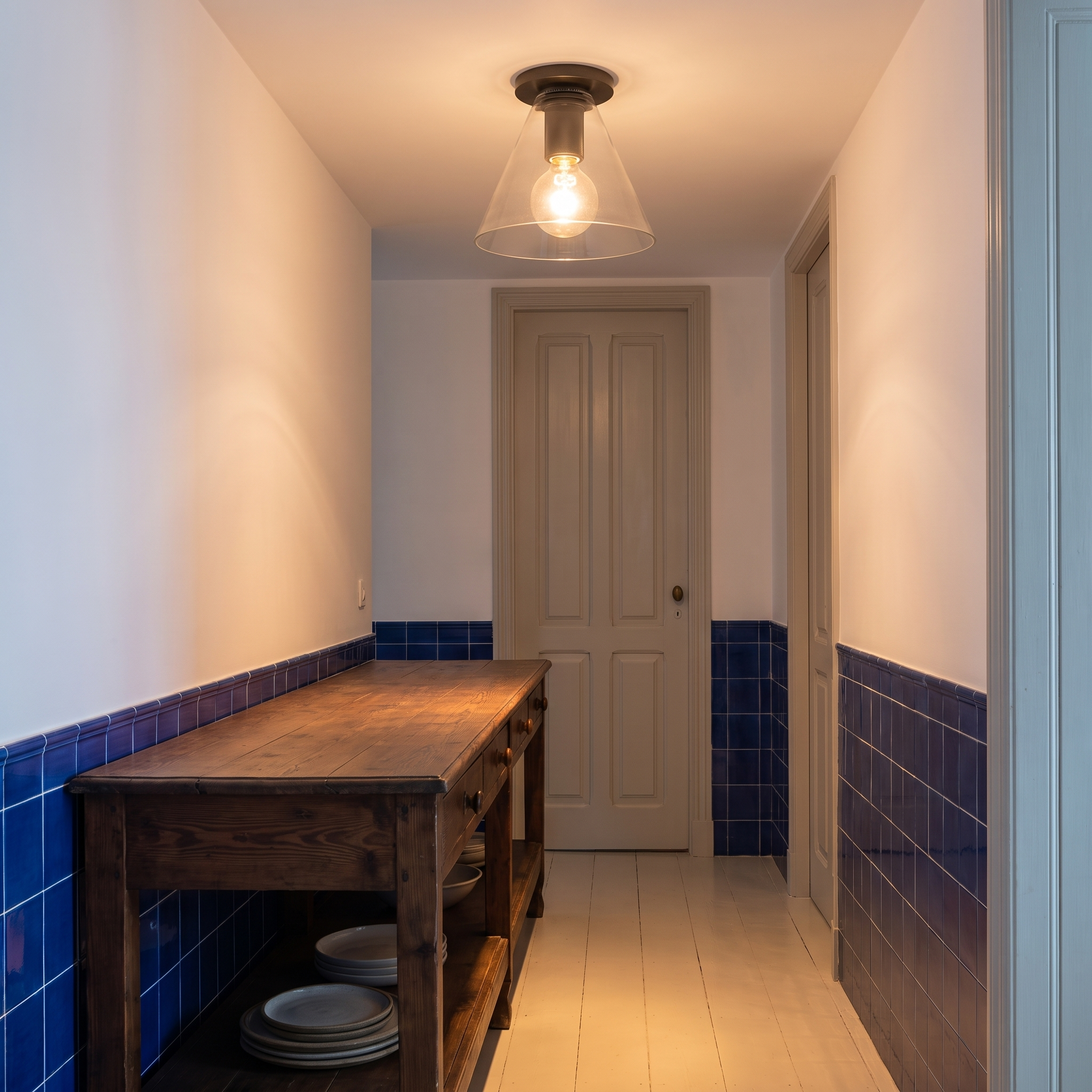 Lysidike flush light black variant in a hallway