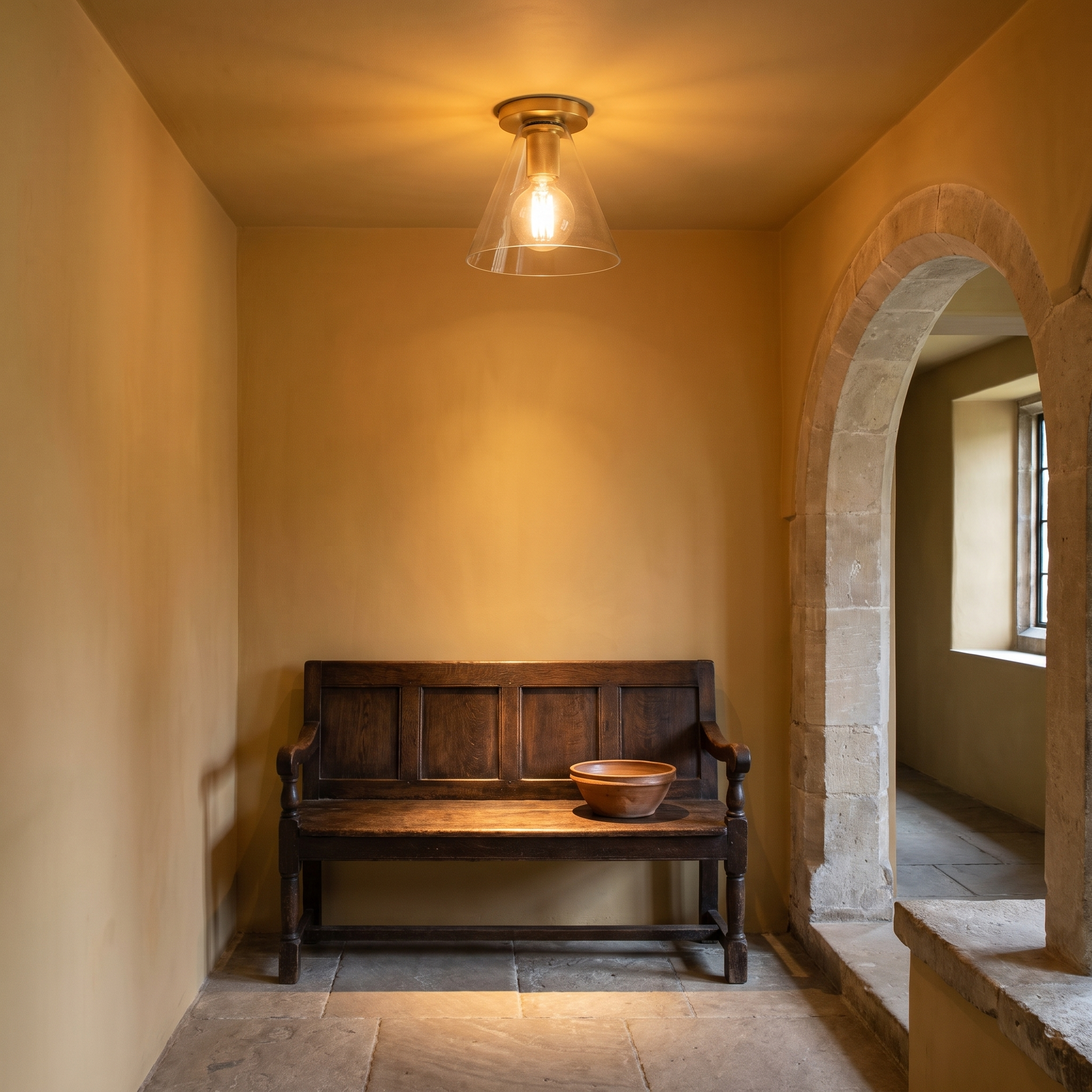 Lysidike flush light in an arcaded hallway