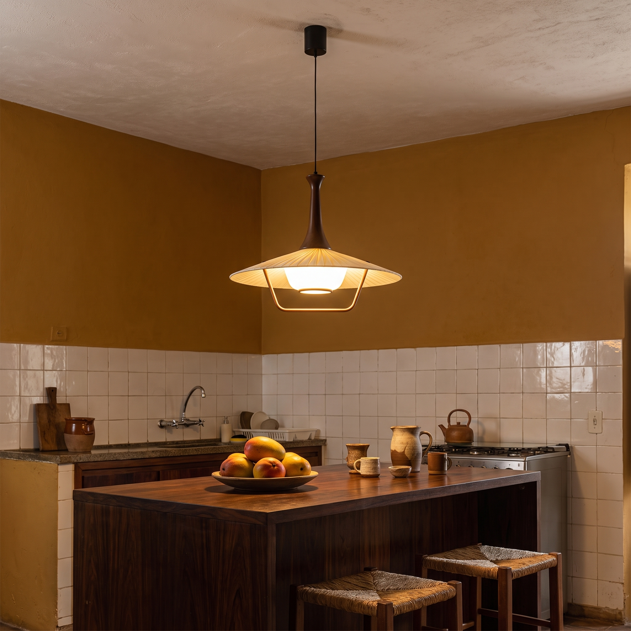 Rex - Pleated Fabric and Wood Pendant Light in a styled interior