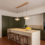 Abel - Travertine and Wood Pendant Light - 2-Lights: L 23.6″ x W 8.3″ x H 59″ / Beige & Wood color
