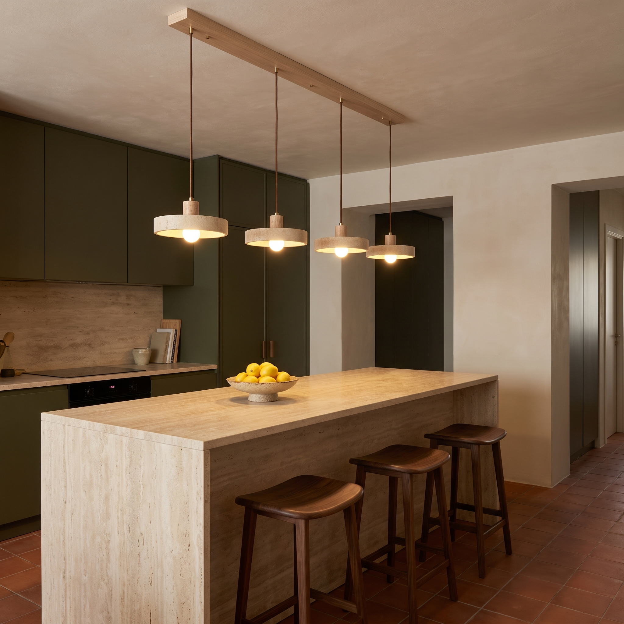 Abel - Travertine and Wood Pendant Light - 4-Lights: L 39.4″ x W 8.3″ x H 59″ / Beige & Wood color