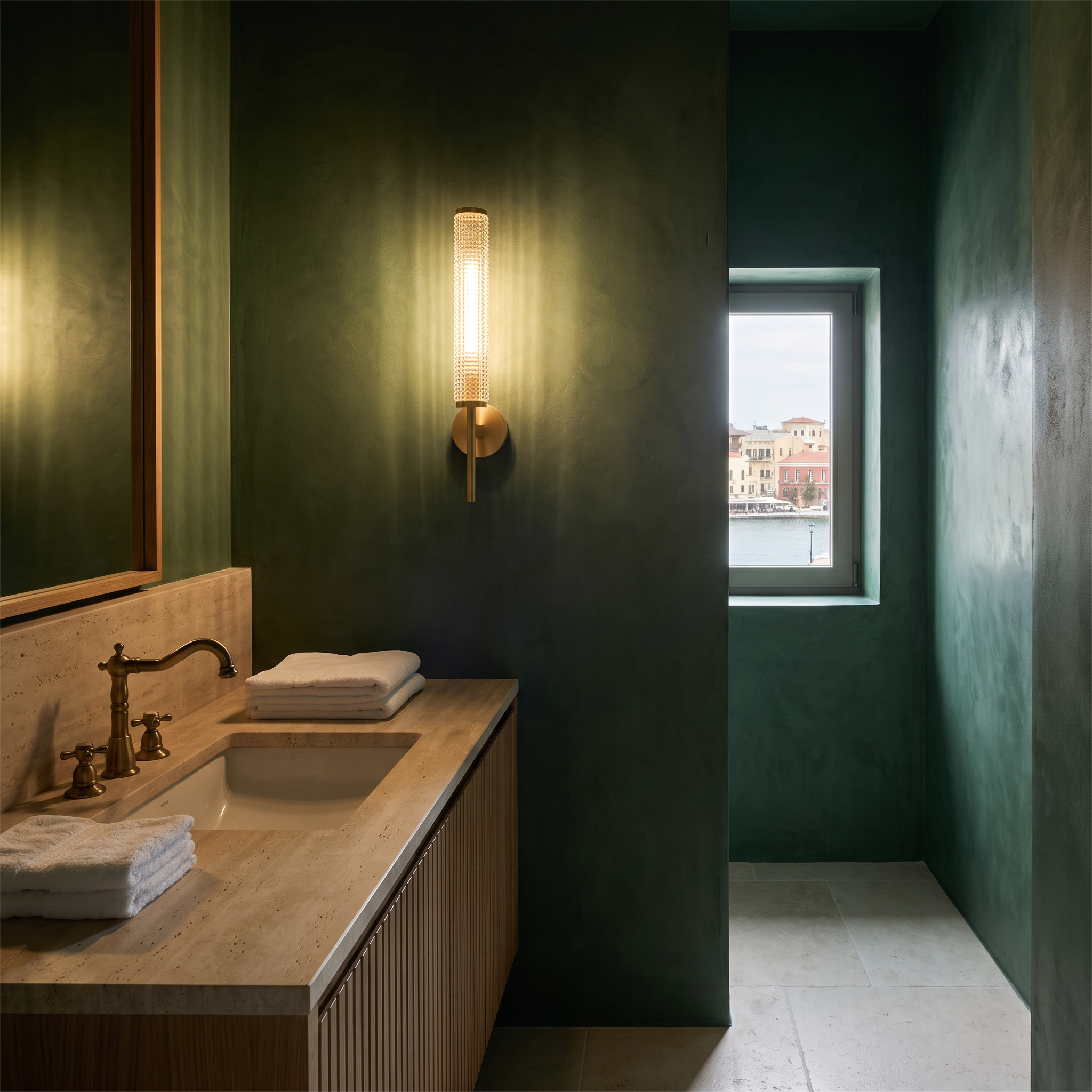 Whitaker - Brass and Textured Glass Wall Lamp in a styled interior