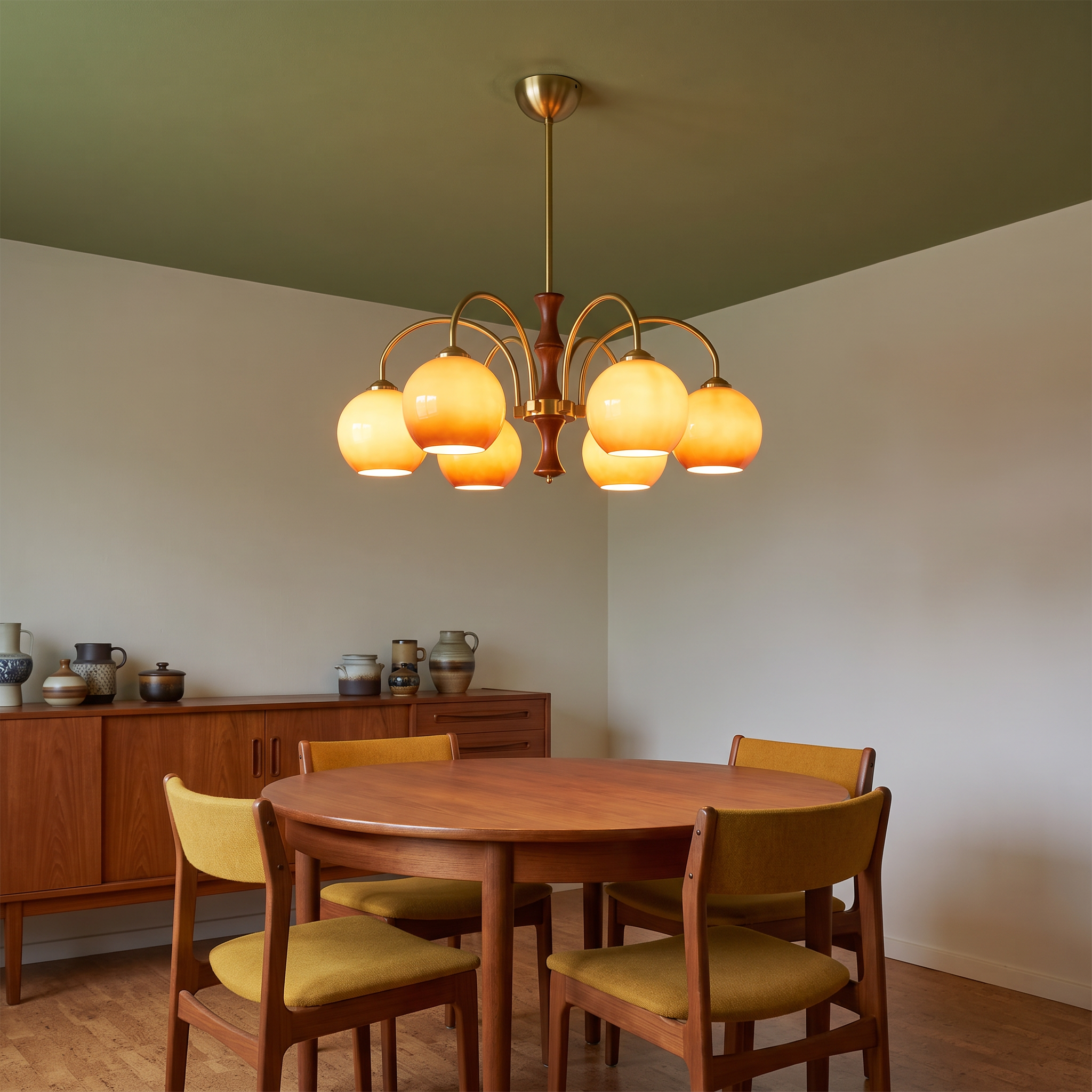 Trudy - Orange Glass and Walnut Chandelier