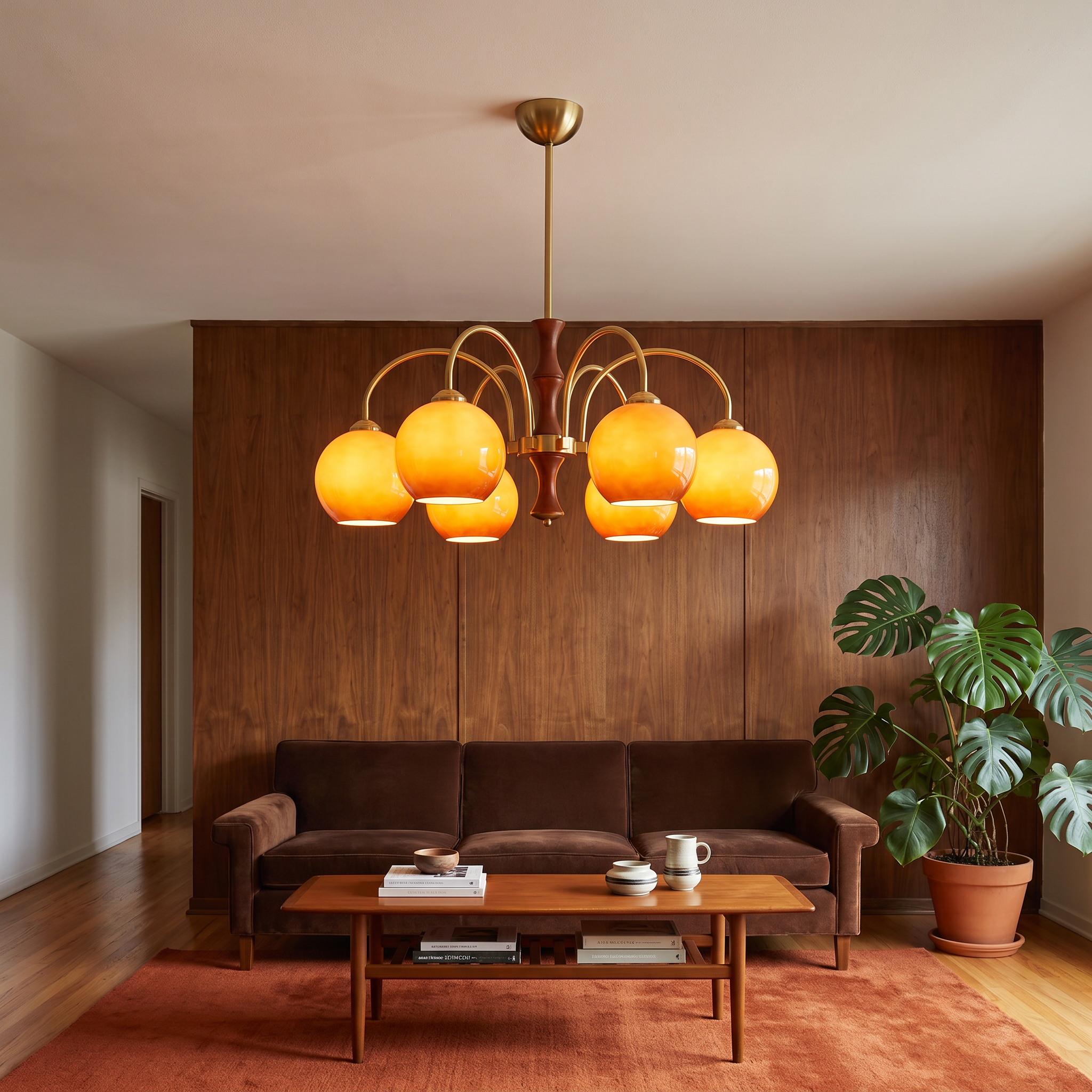 Trudy - Orange Glass and Walnut Chandelier in a styled interior