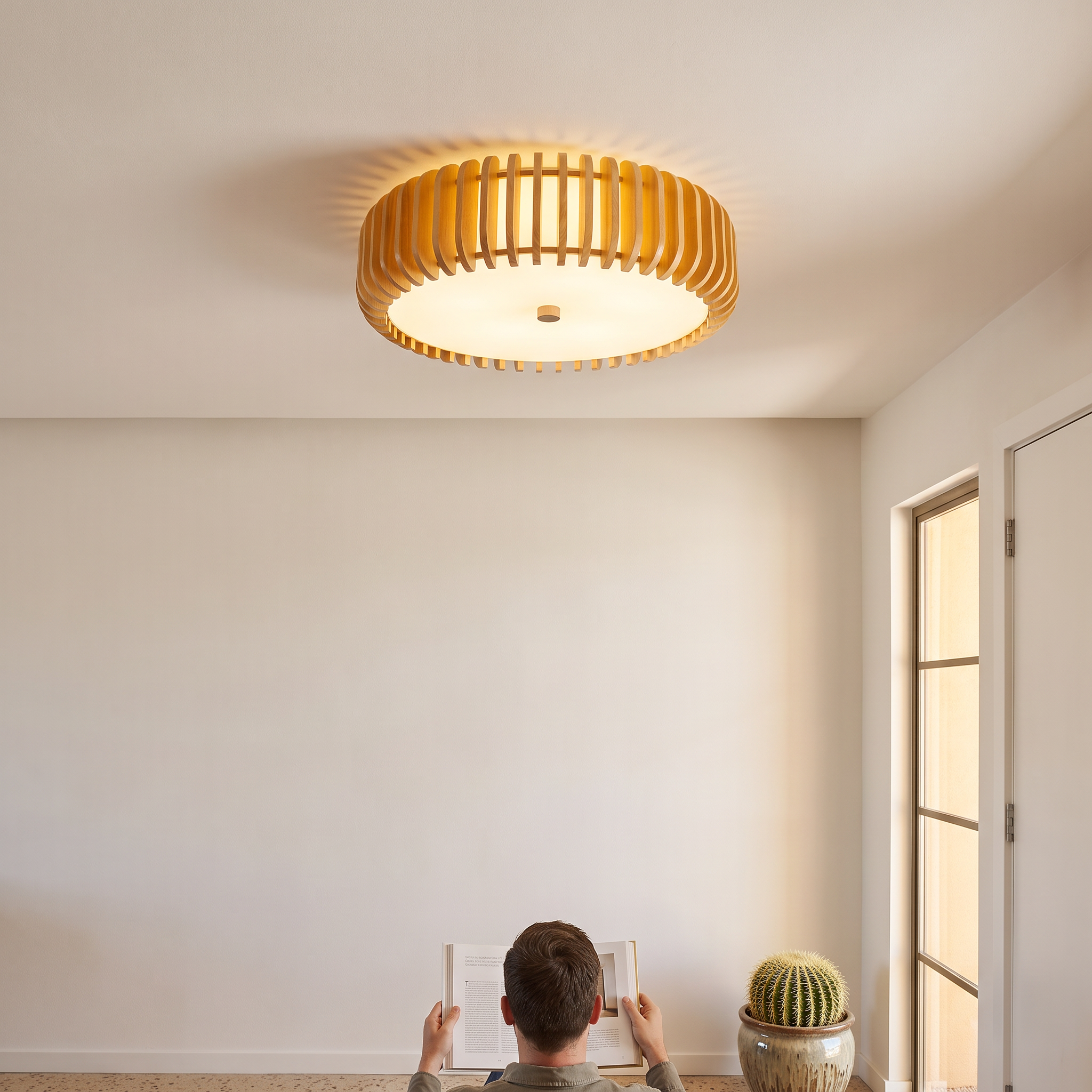 Neal - Wood Slat Drum Flush Ceiling Light