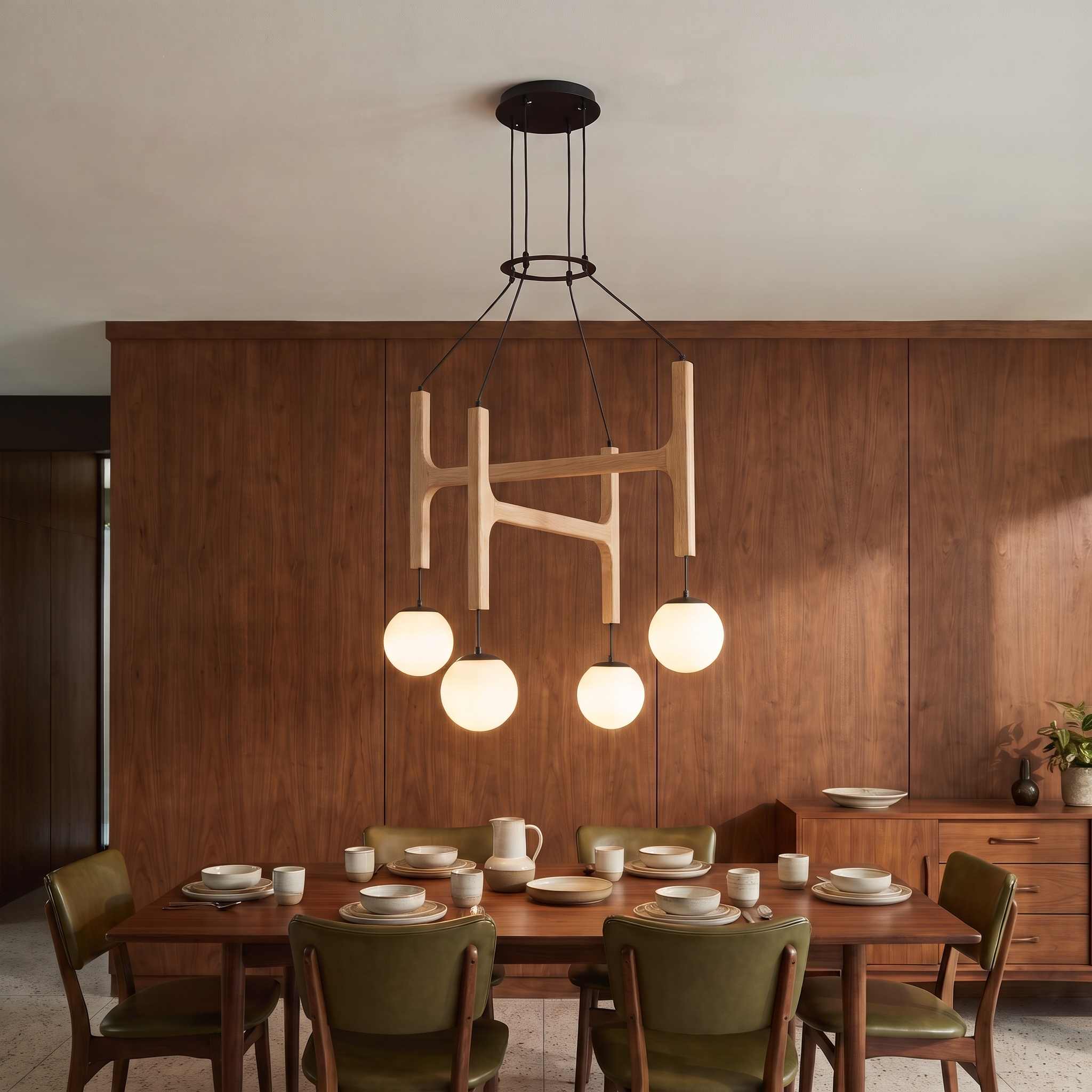 Darrell - Geometric Wood Chandelier - 4 heads Dia 40+50cm / ∅ 15.7+19.7″ / Wood Color