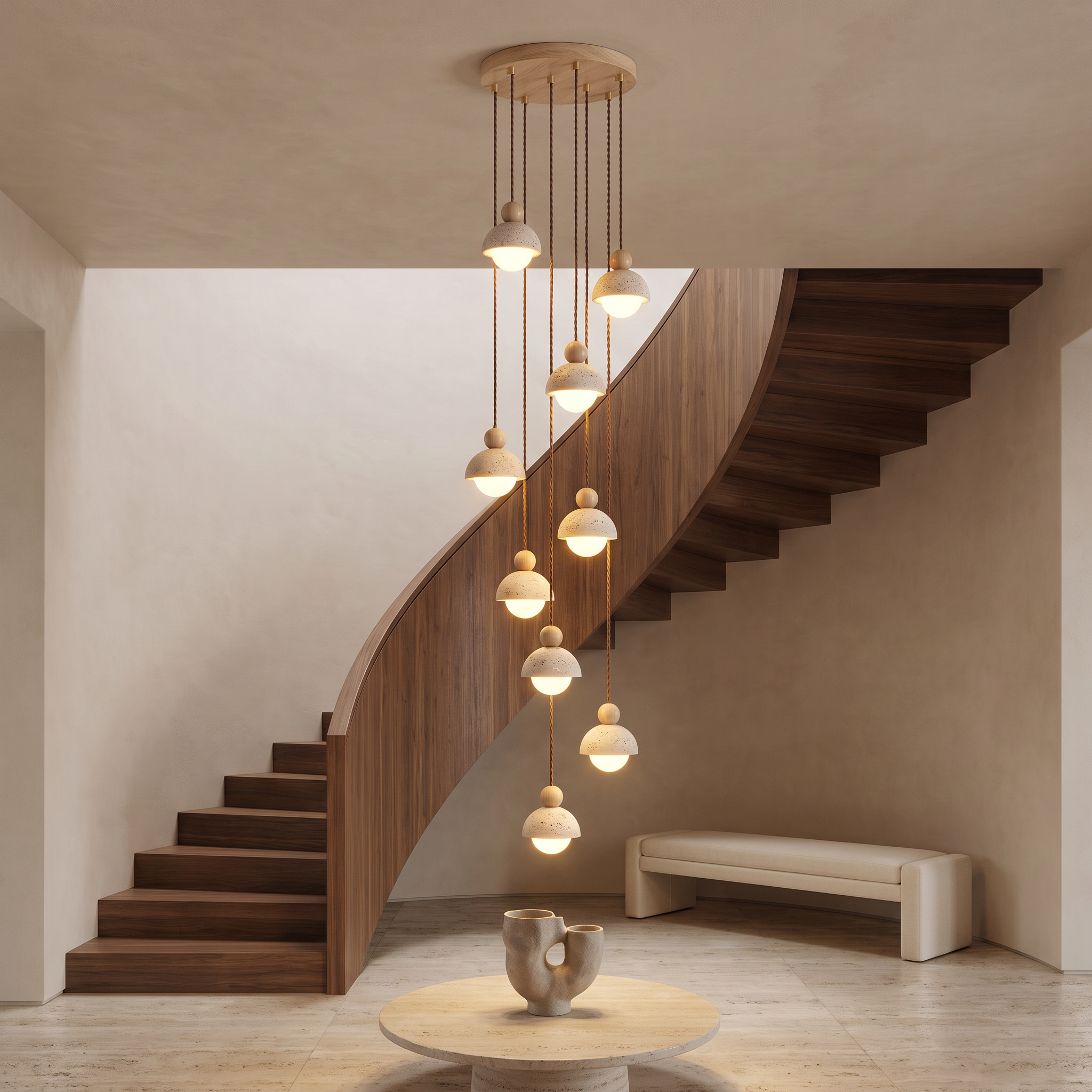 Dewey - Travertine and Glass Pendant Light - 9-Heads: ∅ 15.7″ x H 59″ / Wood color & Beige