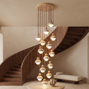 Dewey - Travertine and Glass Pendant Light - 15-Heads: ∅ 19.7″ x H 78.7″ / Wood color & Beige