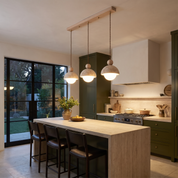 Dewey - Travertine and Glass Pendant Light - 3-Heads: L 27.6″ x W 4.7″ x H 59″ / Wood color & Beige