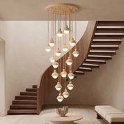 Dewey - Travertine and Glass Pendant Light - 21-Heads: ∅ 23.6″ x H 78.7″ / Wood color & Beige