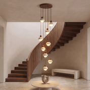 Dewey - Travertine and Glass Pendant Light - 9-Heads: ∅ 15.7″ x H 59″ / Walnut color & Beige