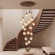 Dewey - Travertine and Glass Pendant Light - 21-Heads: ∅ 23.6″ x H 78.7″ / Walnut color & Beige
