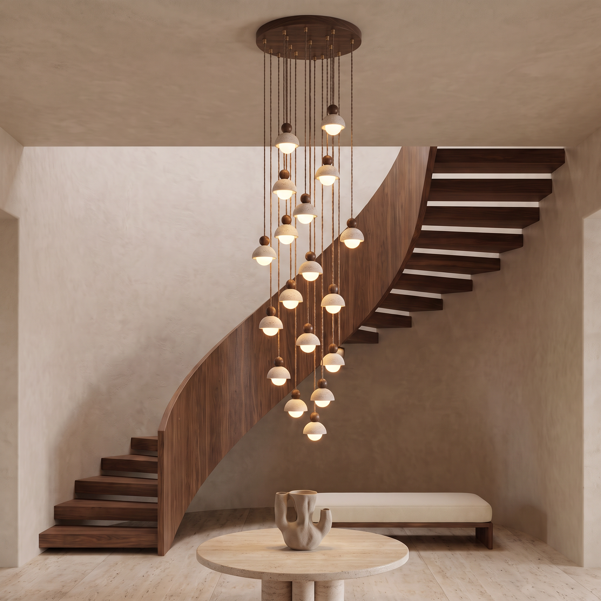 Dewey - Travertine and Glass Pendant Light - 18-Heads: ∅ 23.6″ x H 78.7″ / Walnut color & Beige