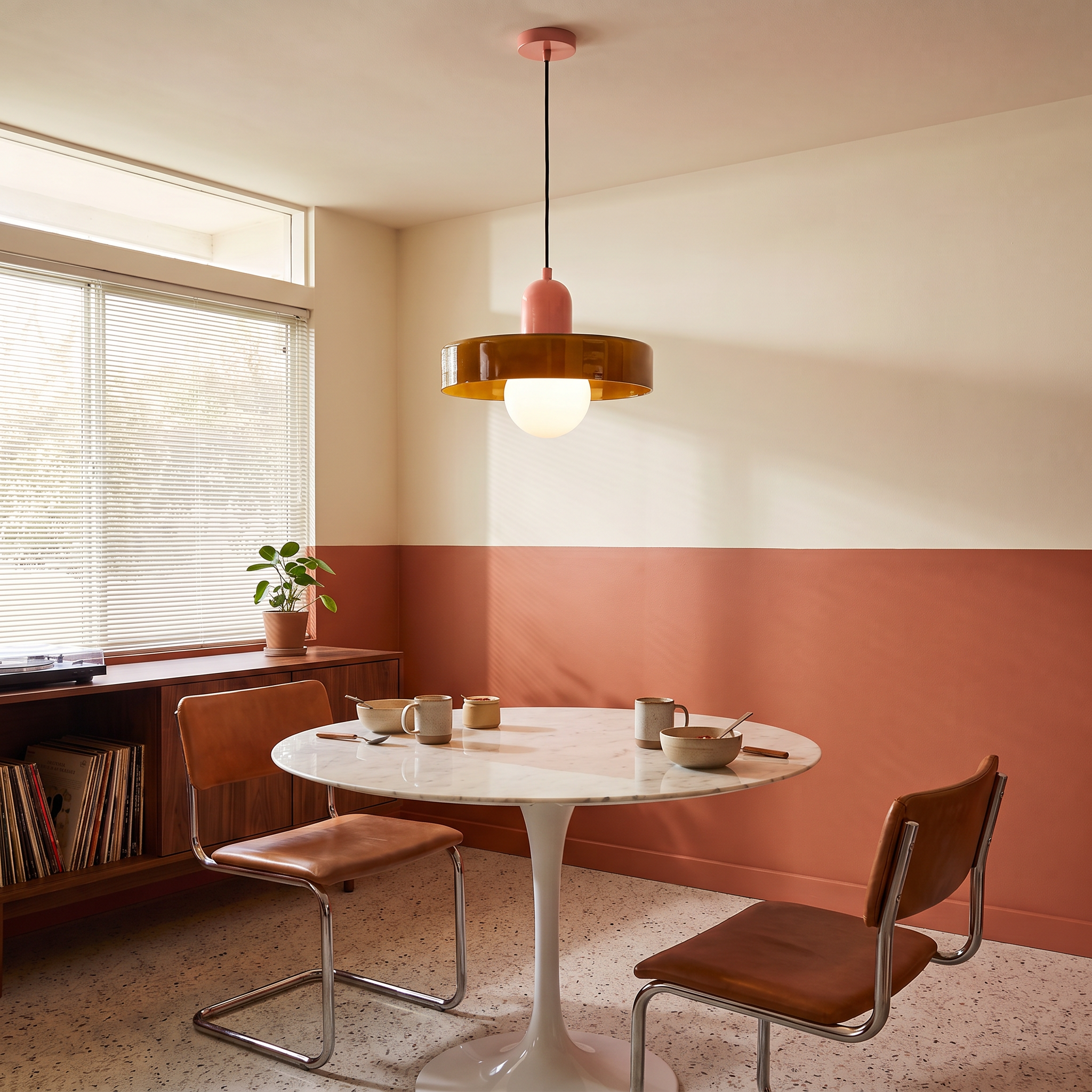 Hoyt - Frosted Orb and Disc Pendant Light - ∅ 9.8″ x H 8.7″ / Dia 25cm x H 22cm / Brown & Shrimp pink