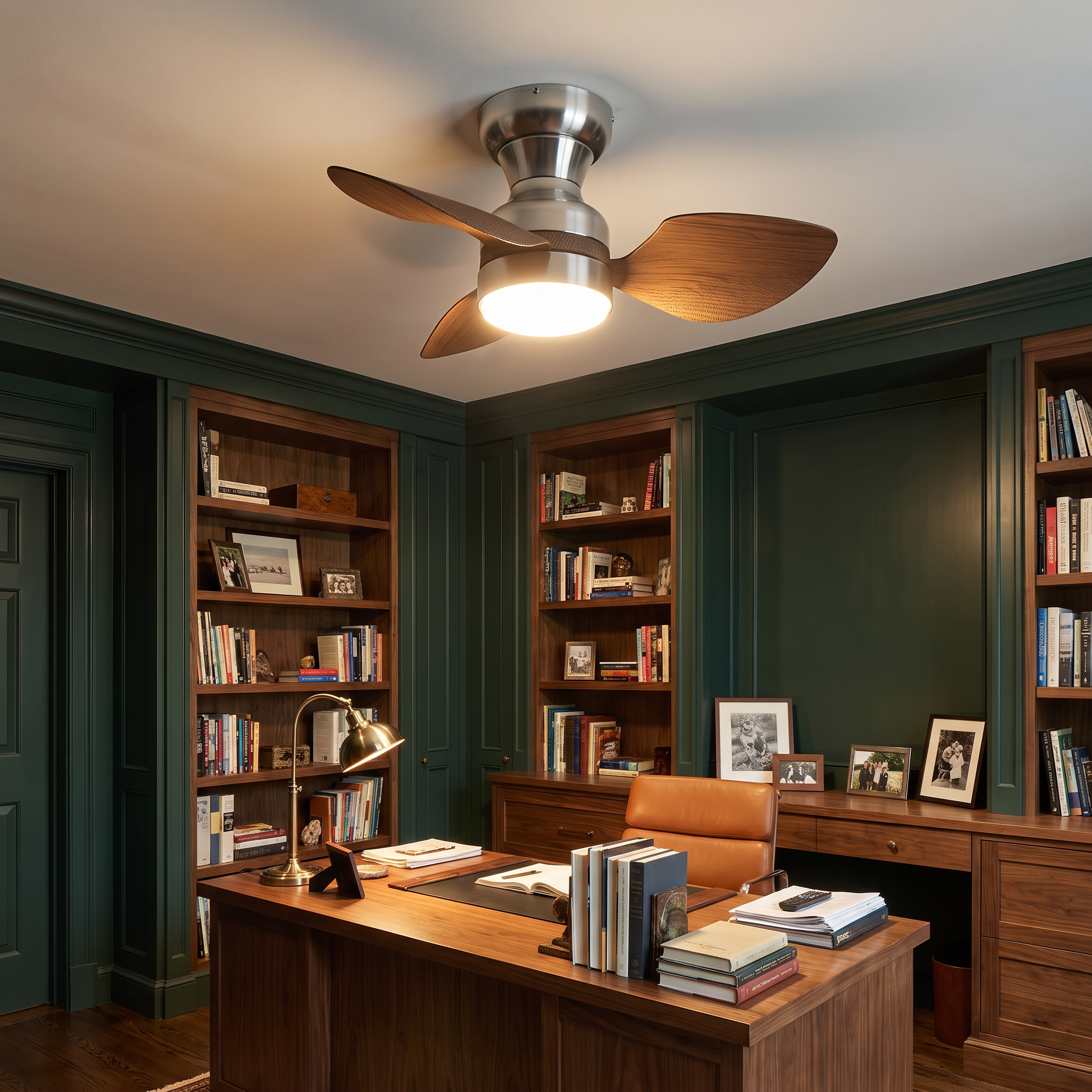 Leroy - Walnut LED Ceiling Fan Light in a styled interior