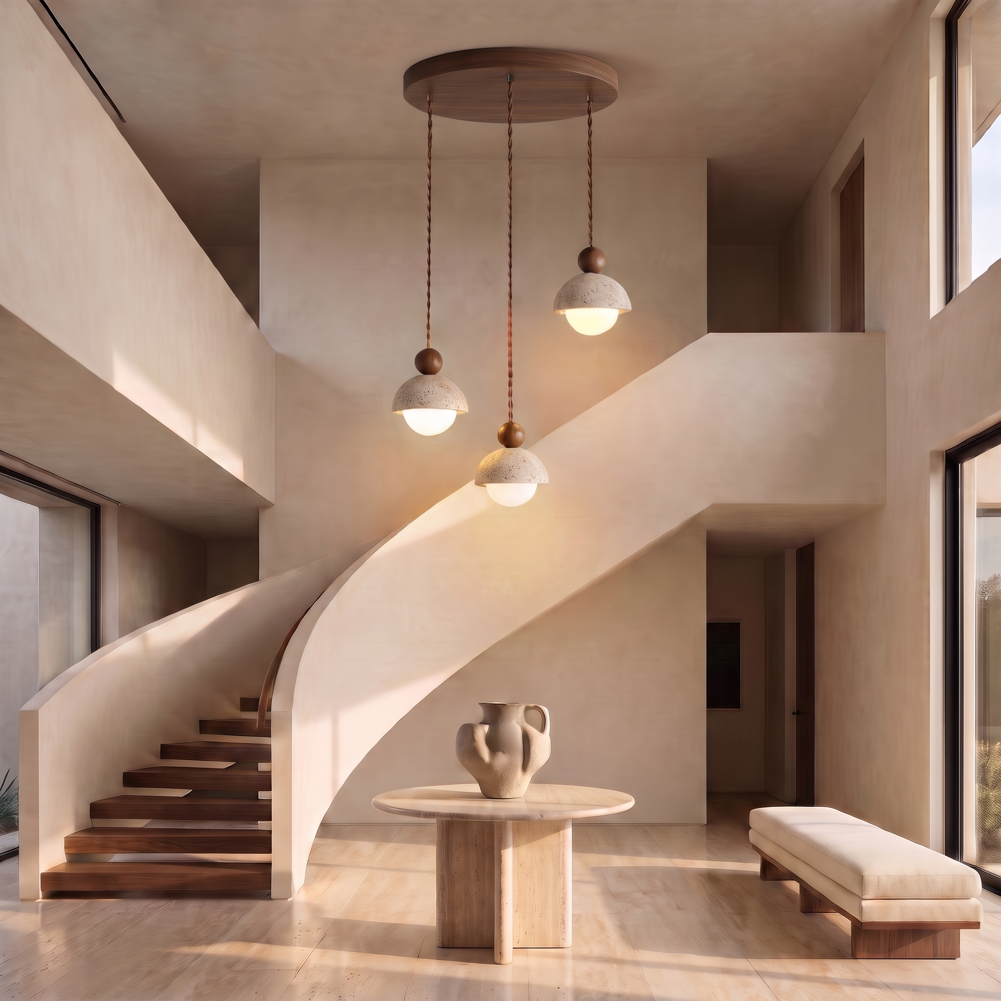Dewey - Travertine and Glass Pendant Light - 3-Heads: ∅ 11.8″ x H 59″ / Walnut color & Beige