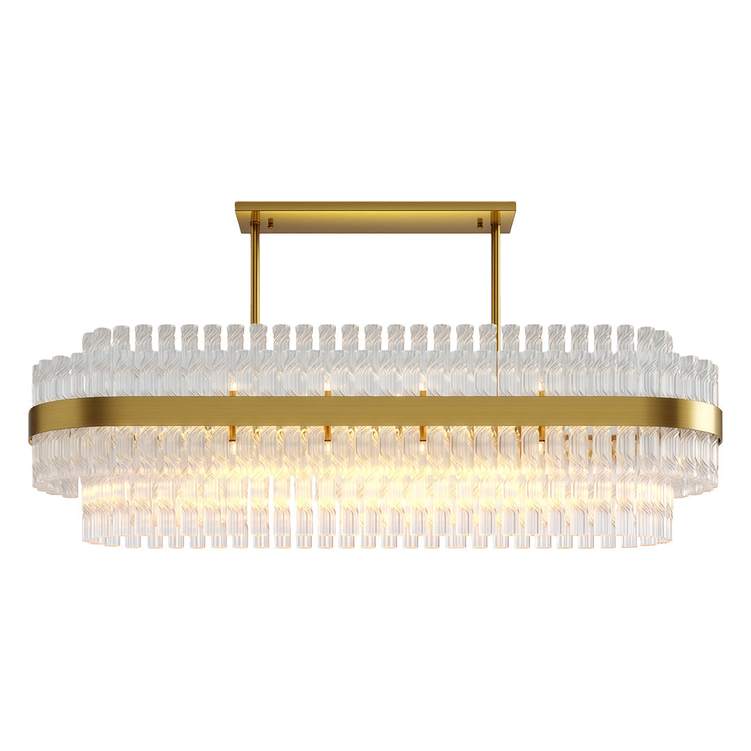 Hermione chandelier in brass, a horizontal band hung with clear glass rods