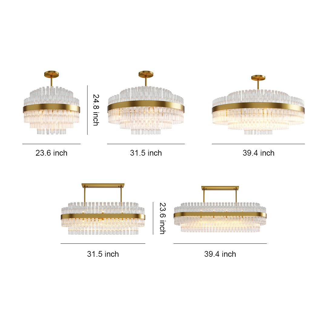 Hermione glass rod chandelier size chart, round 23.6 to 39.4 inch and linear 31.5 and 39.4 inch
