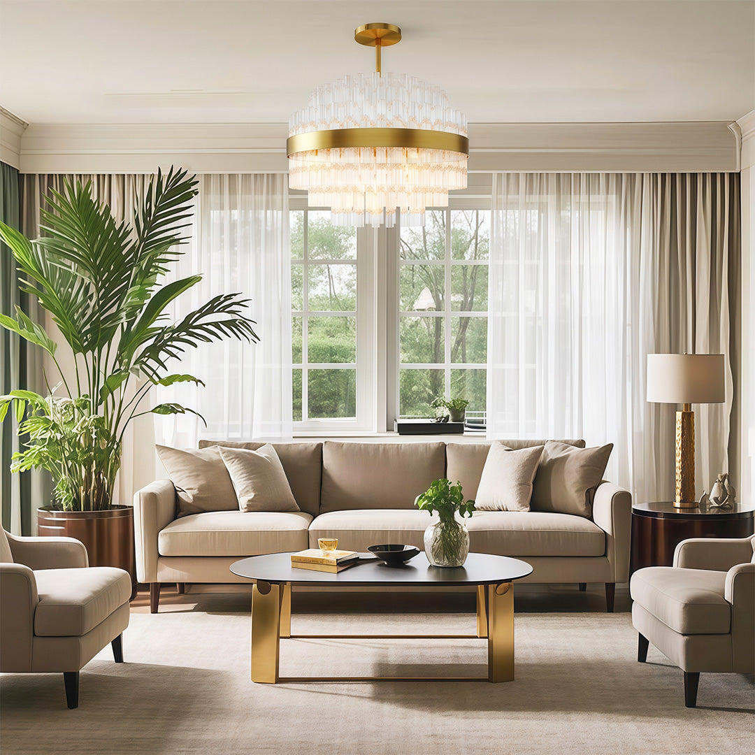 Hermione glass rod chandelier in a bright living room with greenery
