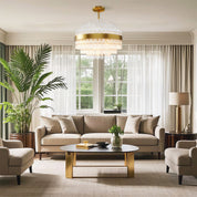 Hermione glass rod chandelier in a bright living room with greenery