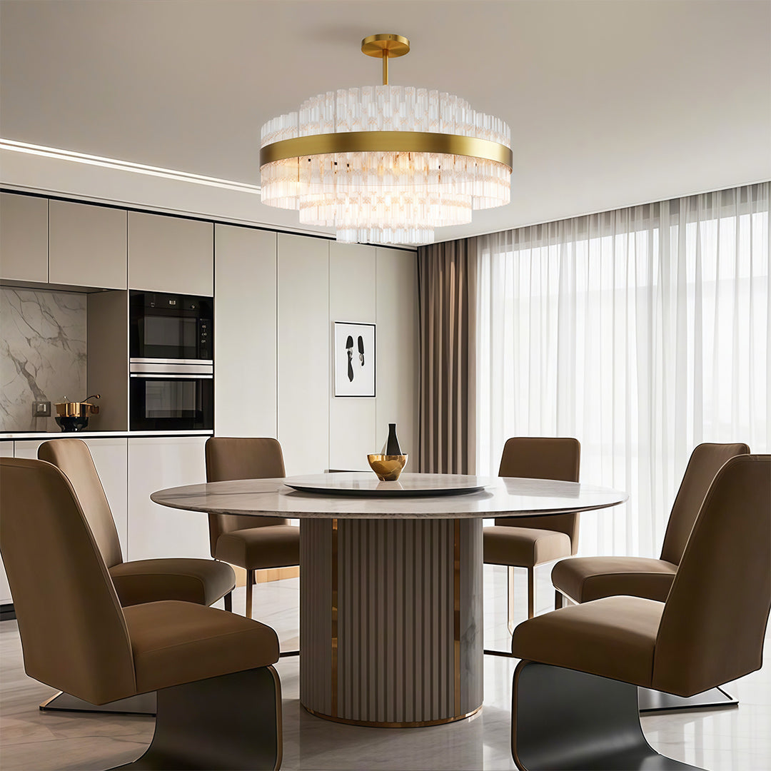 Hermione glass rod chandelier over a circular table in a neutral interior