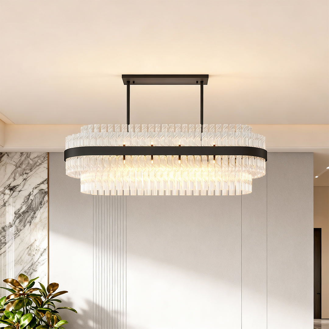 Hermione glass rod chandelier in a contemporary hallway dining space
